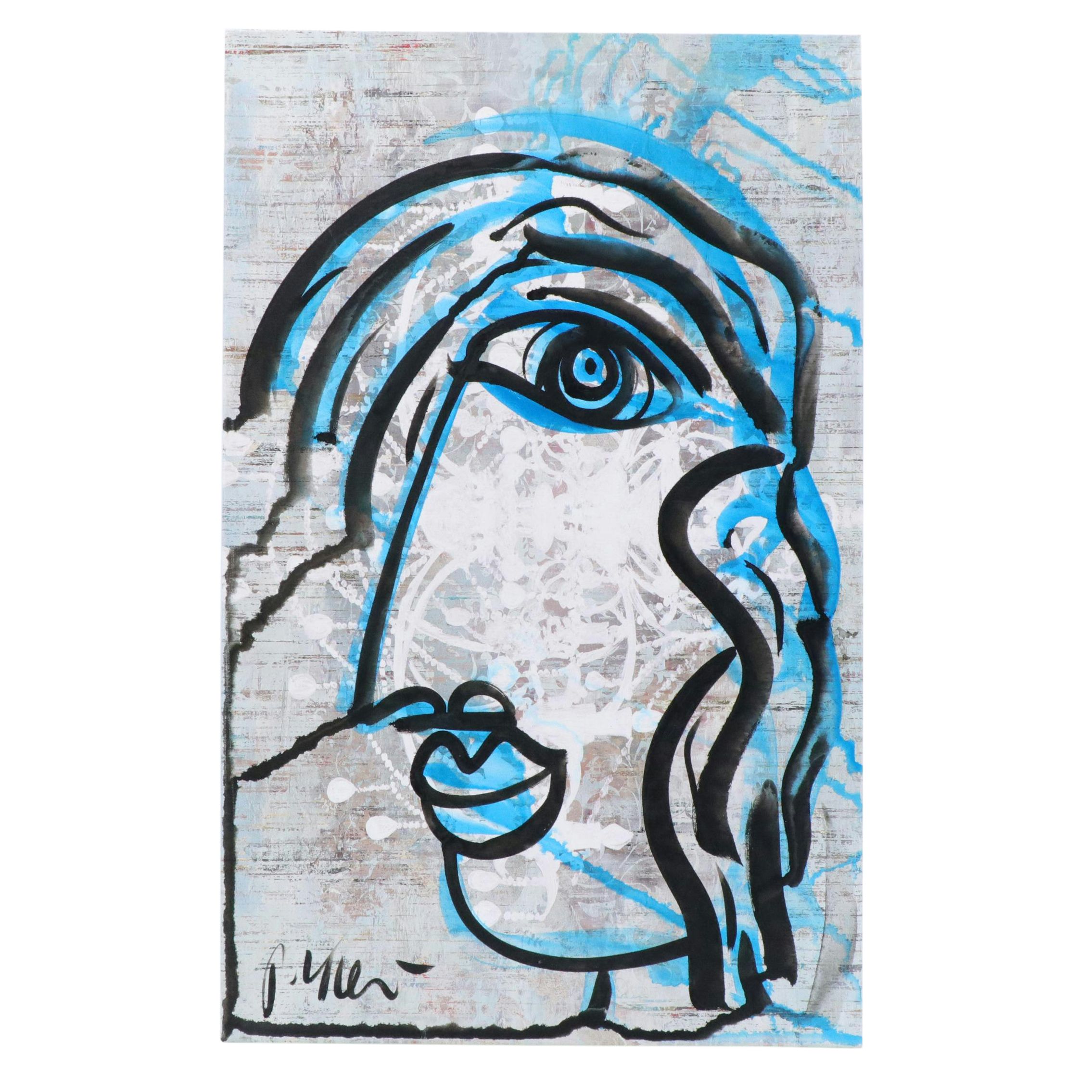 Peter Keil "Blue Picasso" Abstract Portrait Acrylic Painting, Late 20th Century