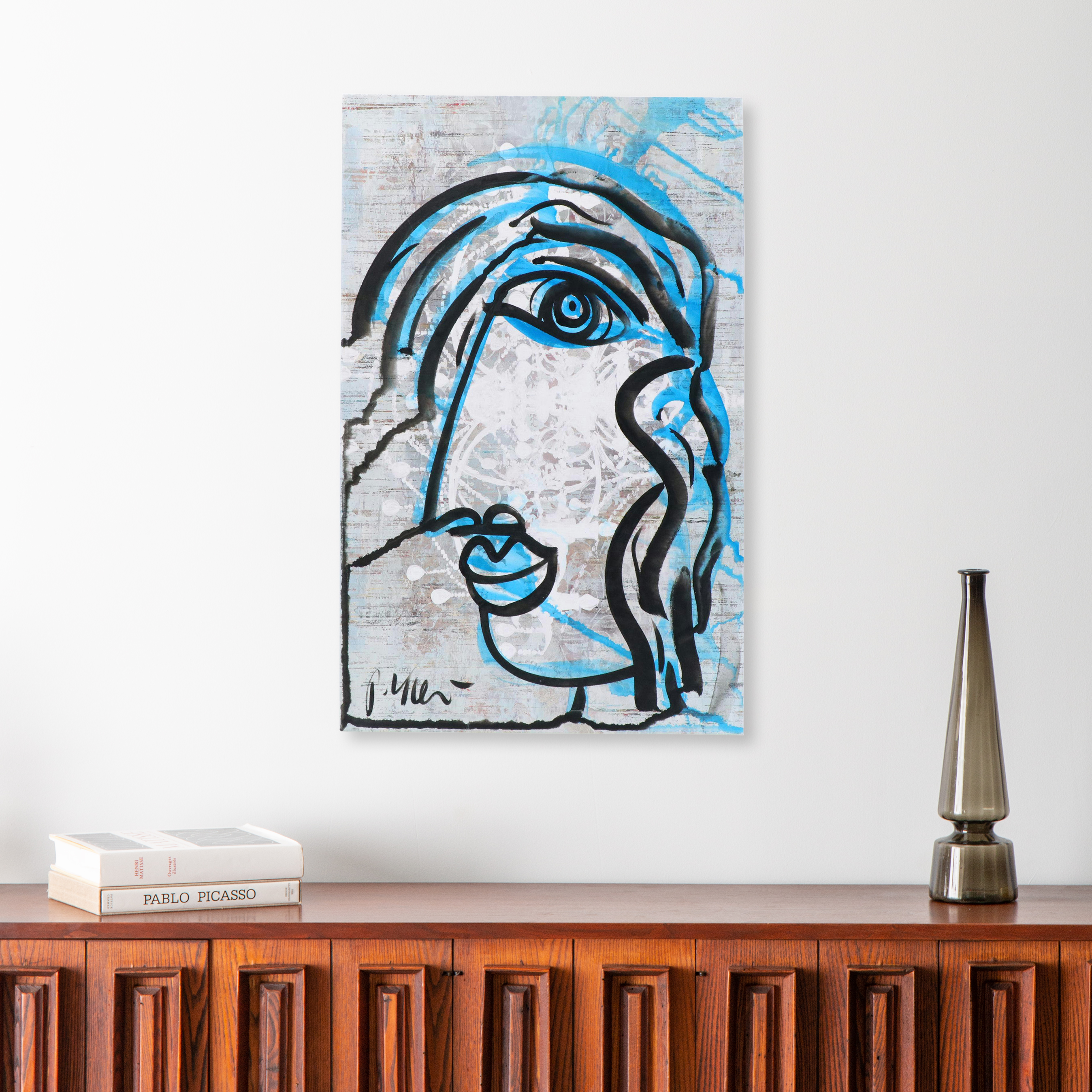 Peter Keil "Blue Picasso" Abstract Portrait Acrylic Painting, Late 20th Century