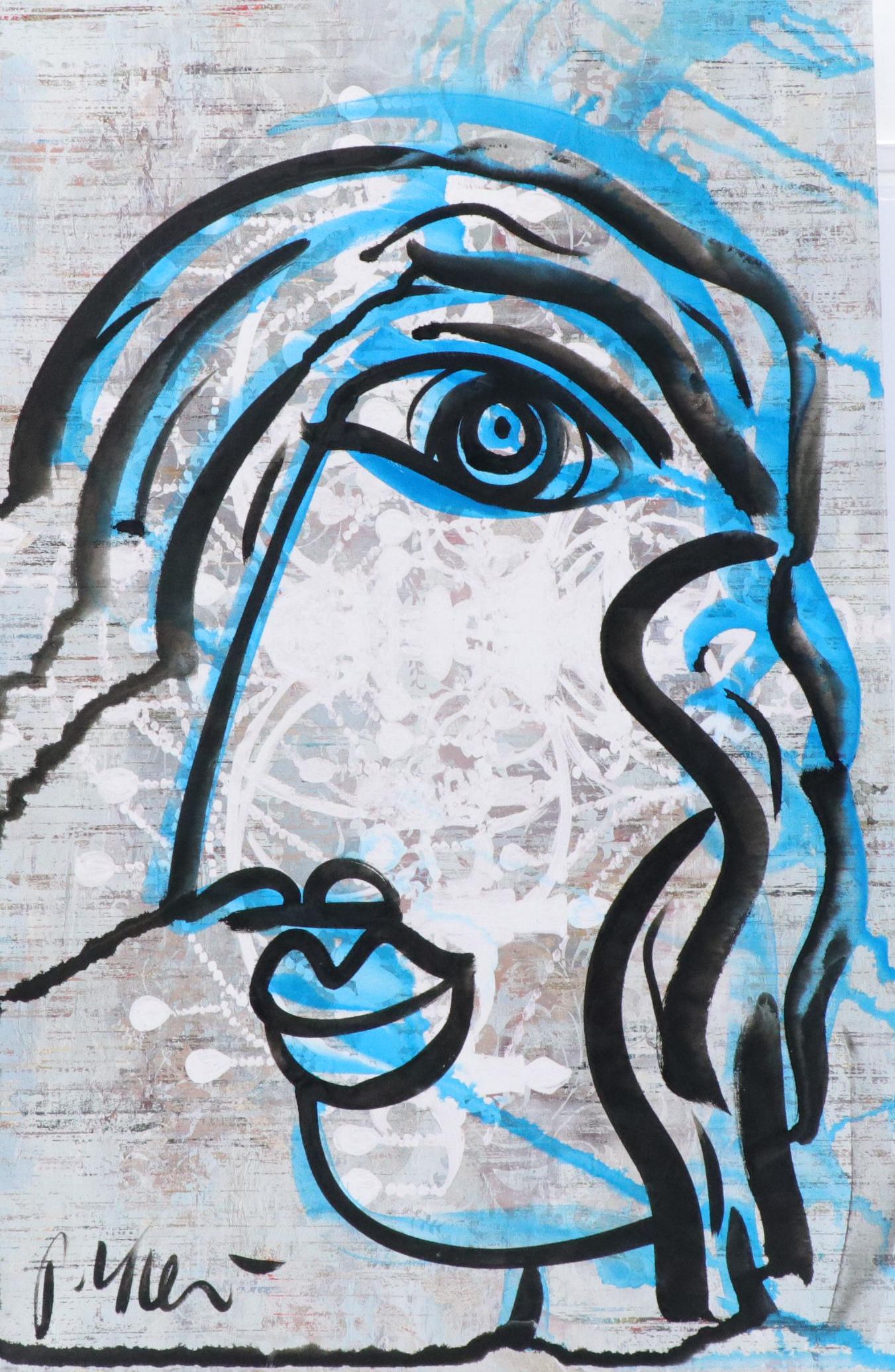 Peter Keil "Blue Picasso" Abstract Portrait Acrylic Painting, Late 20th Century