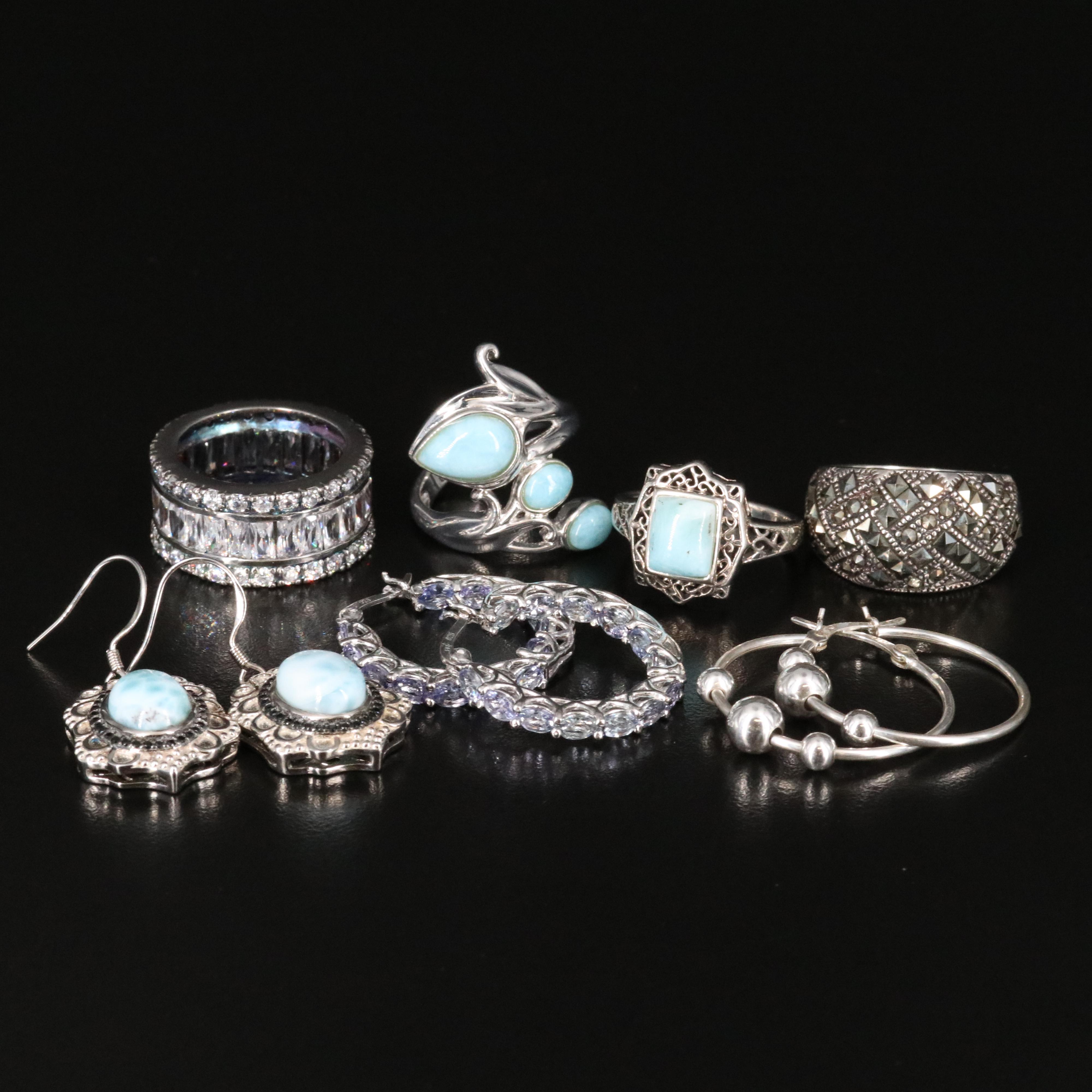 Sterling Gemstone Jewelry Collection Including Larimar, Tanzanite and CZ