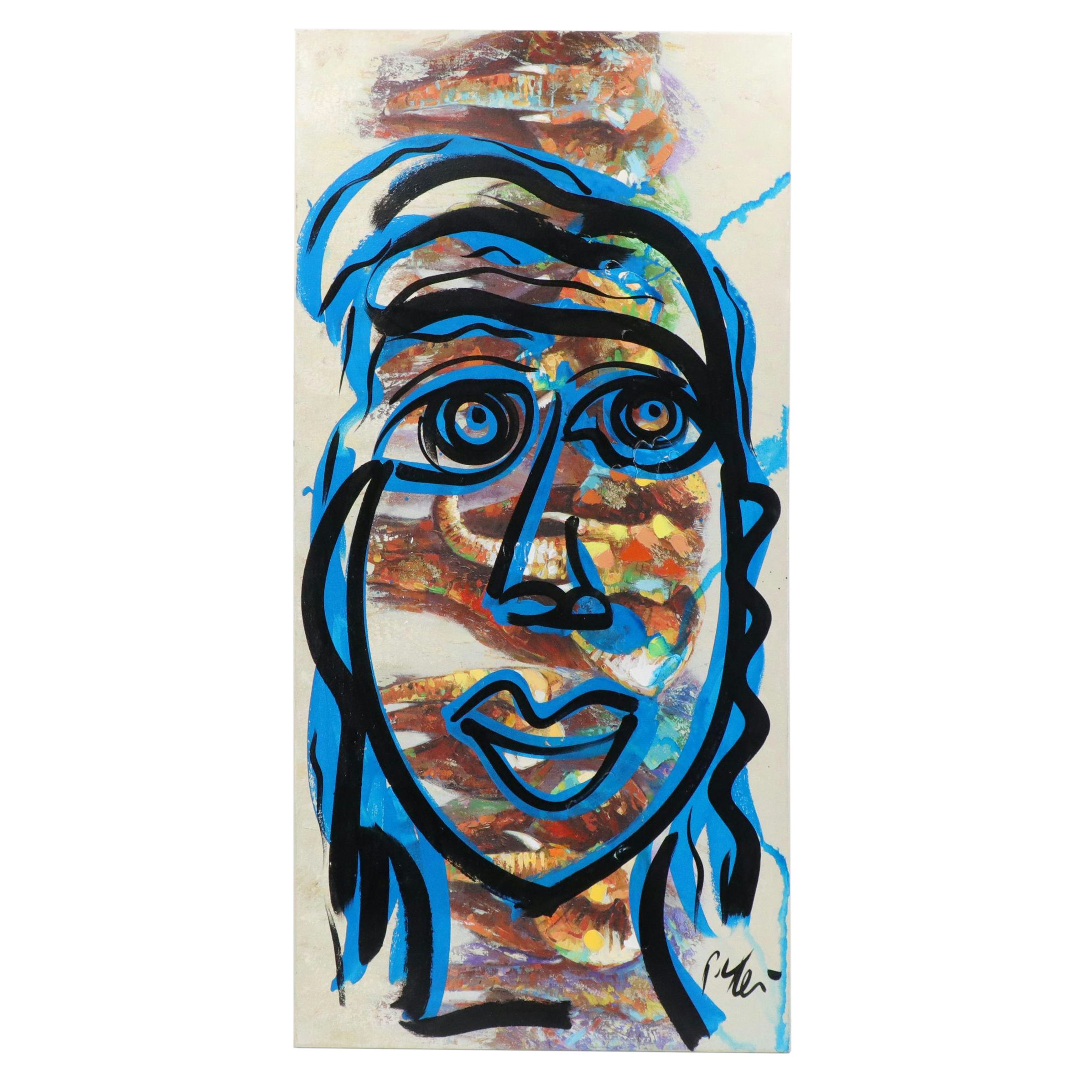 Peter Keil Abstract Portrait Acrylic Painting, Late 20th Century