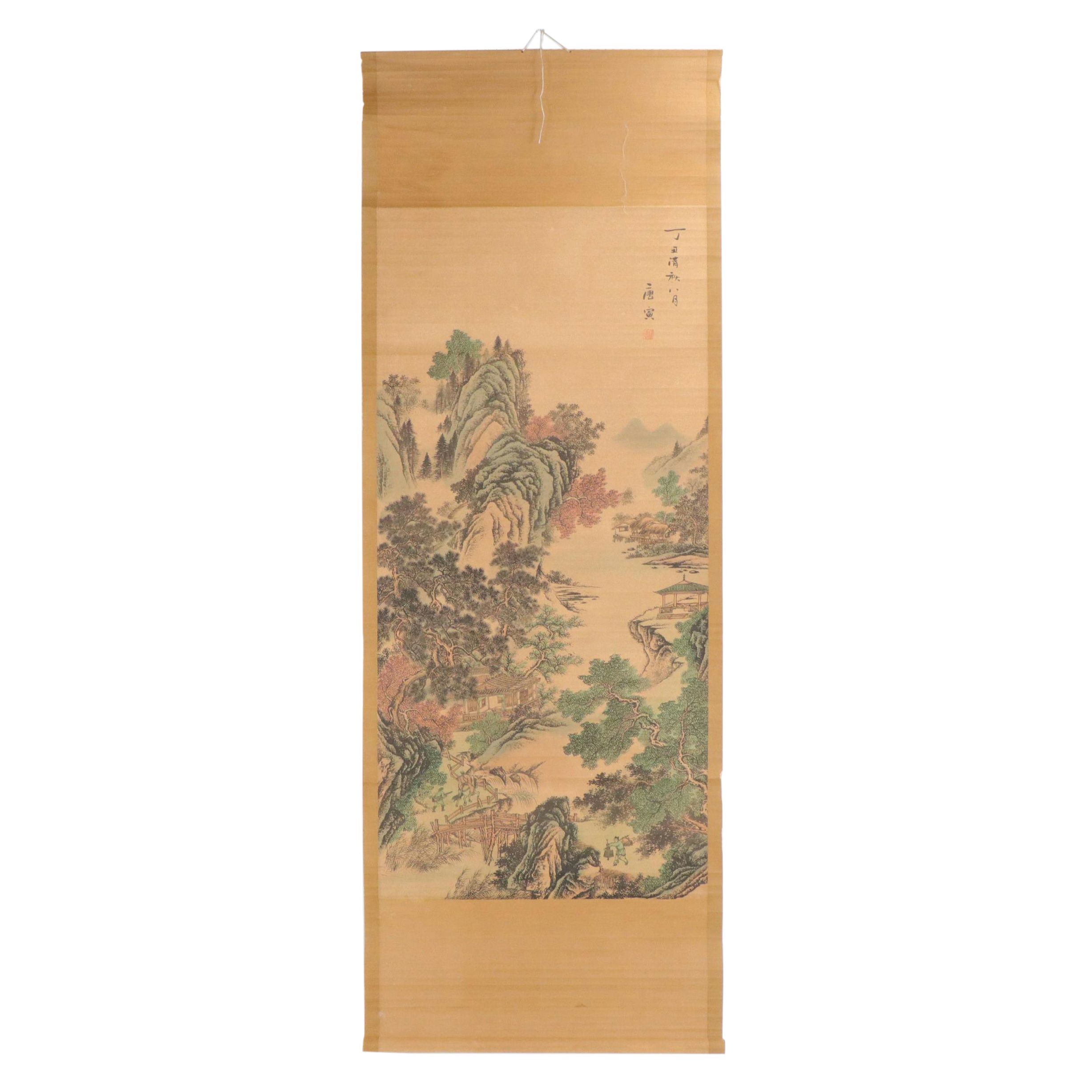 Japanese or Chinese Hand-Colored Halftone Hanging Scroll, 20th Century