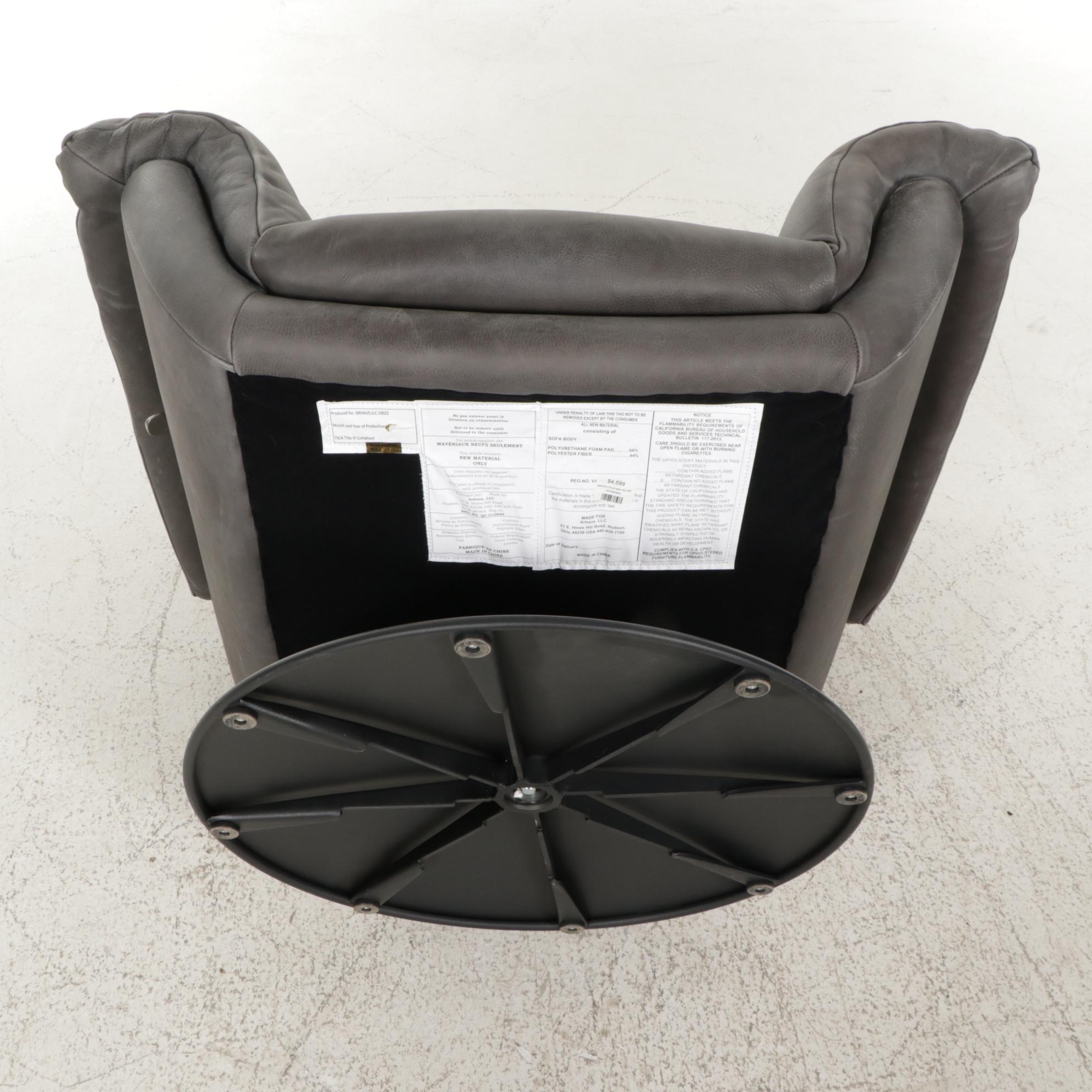 Arhaus "Deacon" Graphite Leather Swivel Chair and Ottoman, 2022