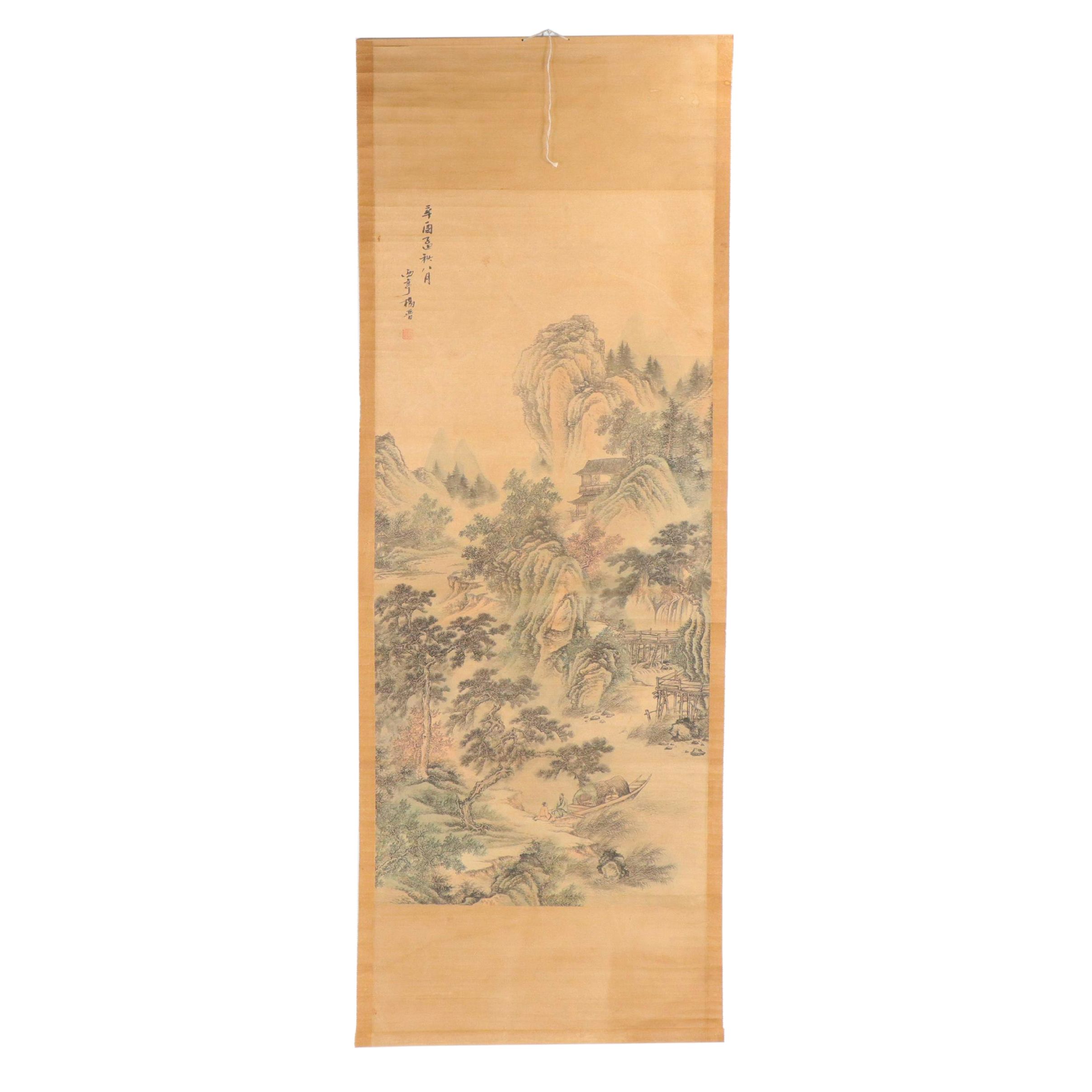 Japanese or Chinese Hand-Colored Halftone Hanging Scroll, 20th Century