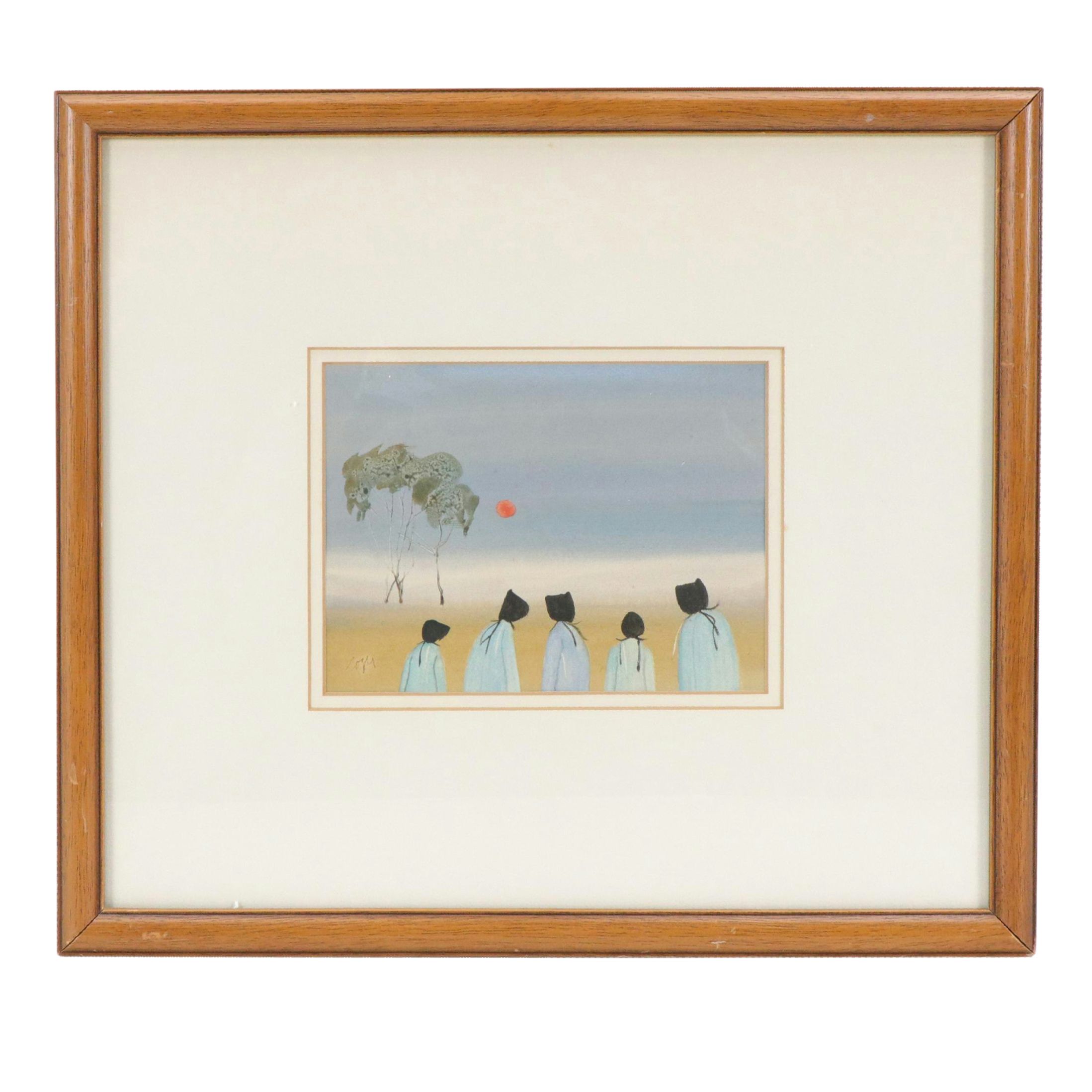 Roger Haas Folk Art Watercolor Painting of Amish Scene