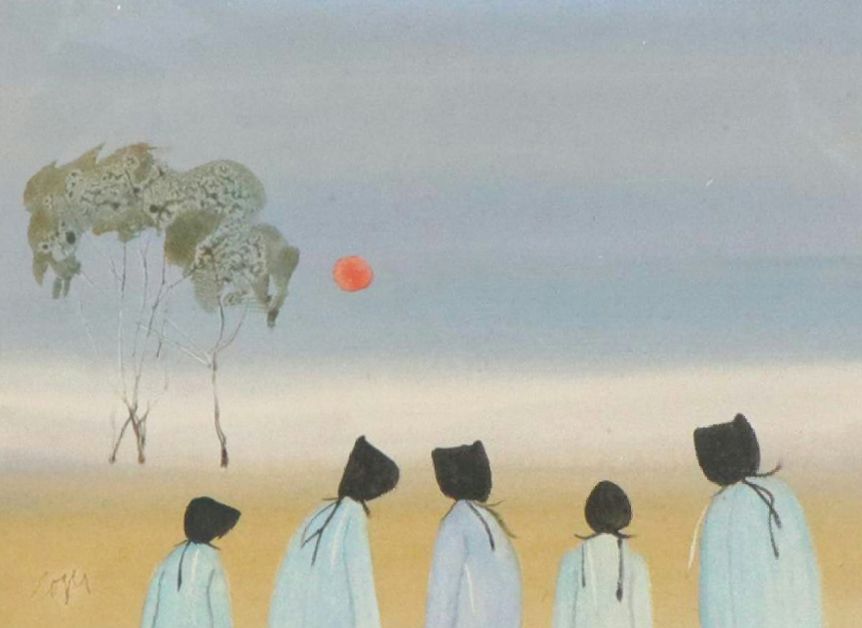 Roger Haas Folk Art Watercolor Painting of Amish Scene