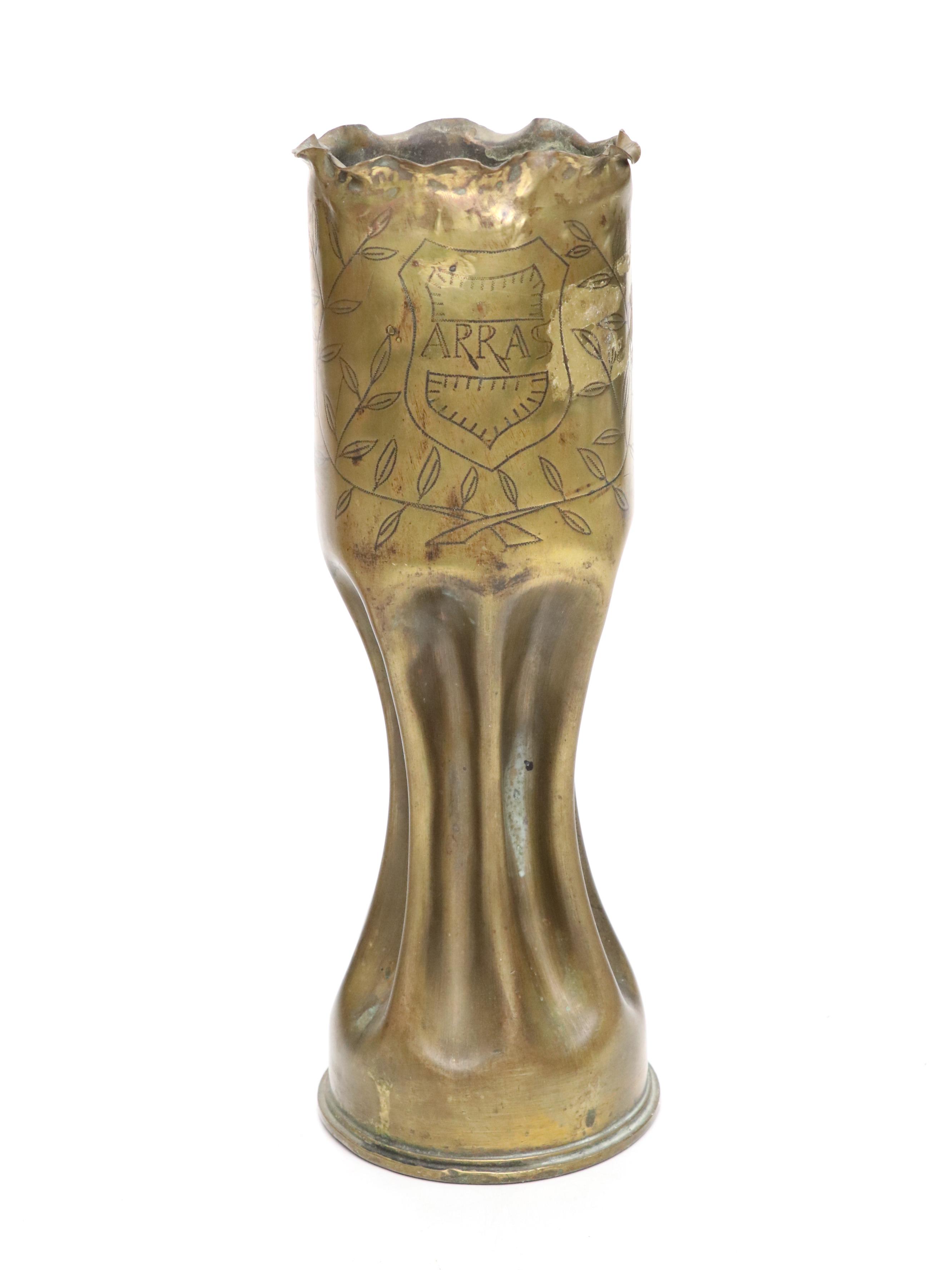 WWI Verdun Hammered Brass Artillery Shell Trench Art Vases, 1917