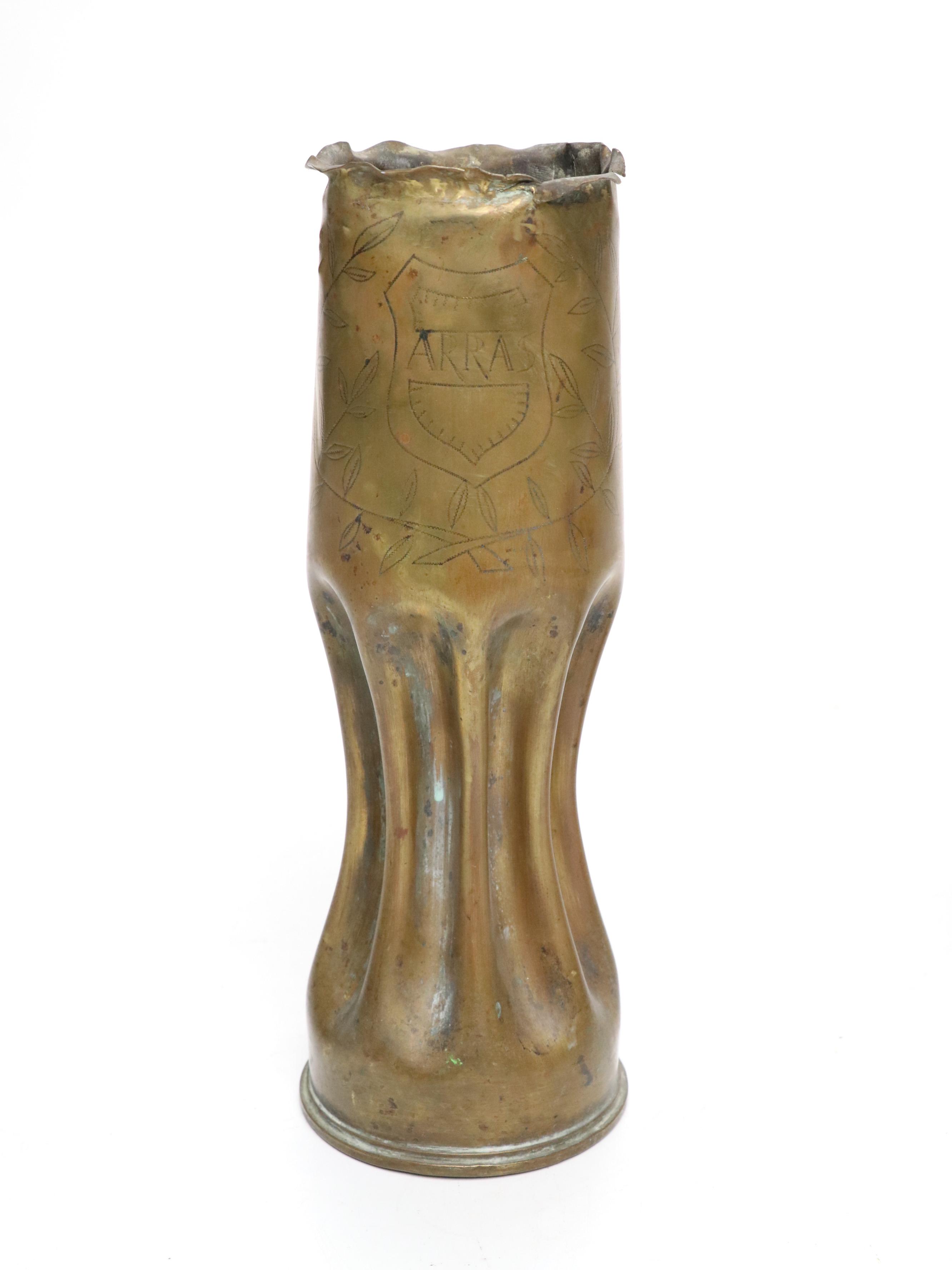 WWI Verdun Hammered Brass Artillery Shell Trench Art Vases, 1917