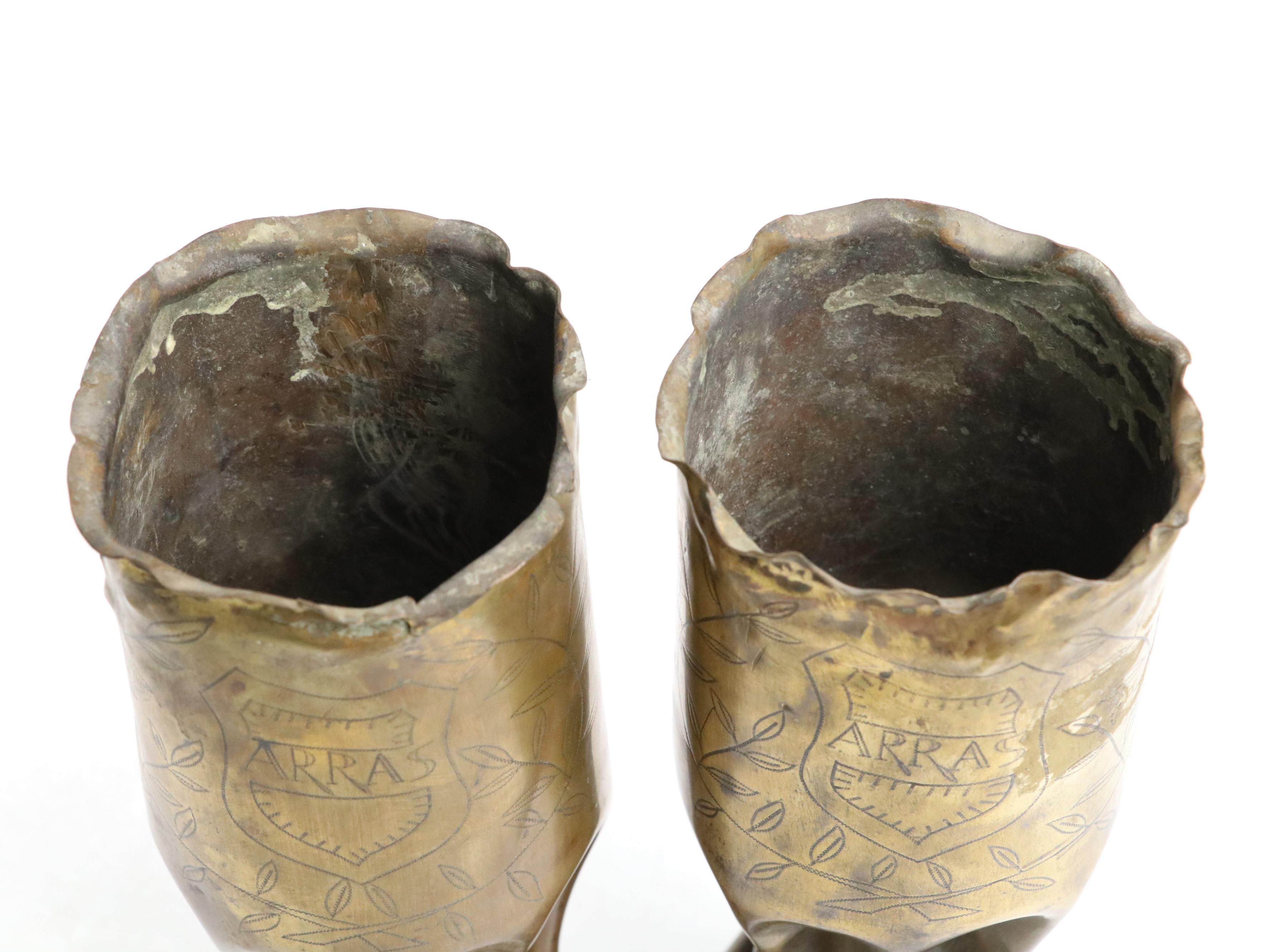 WWI Verdun Hammered Brass Artillery Shell Trench Art Vases, 1917