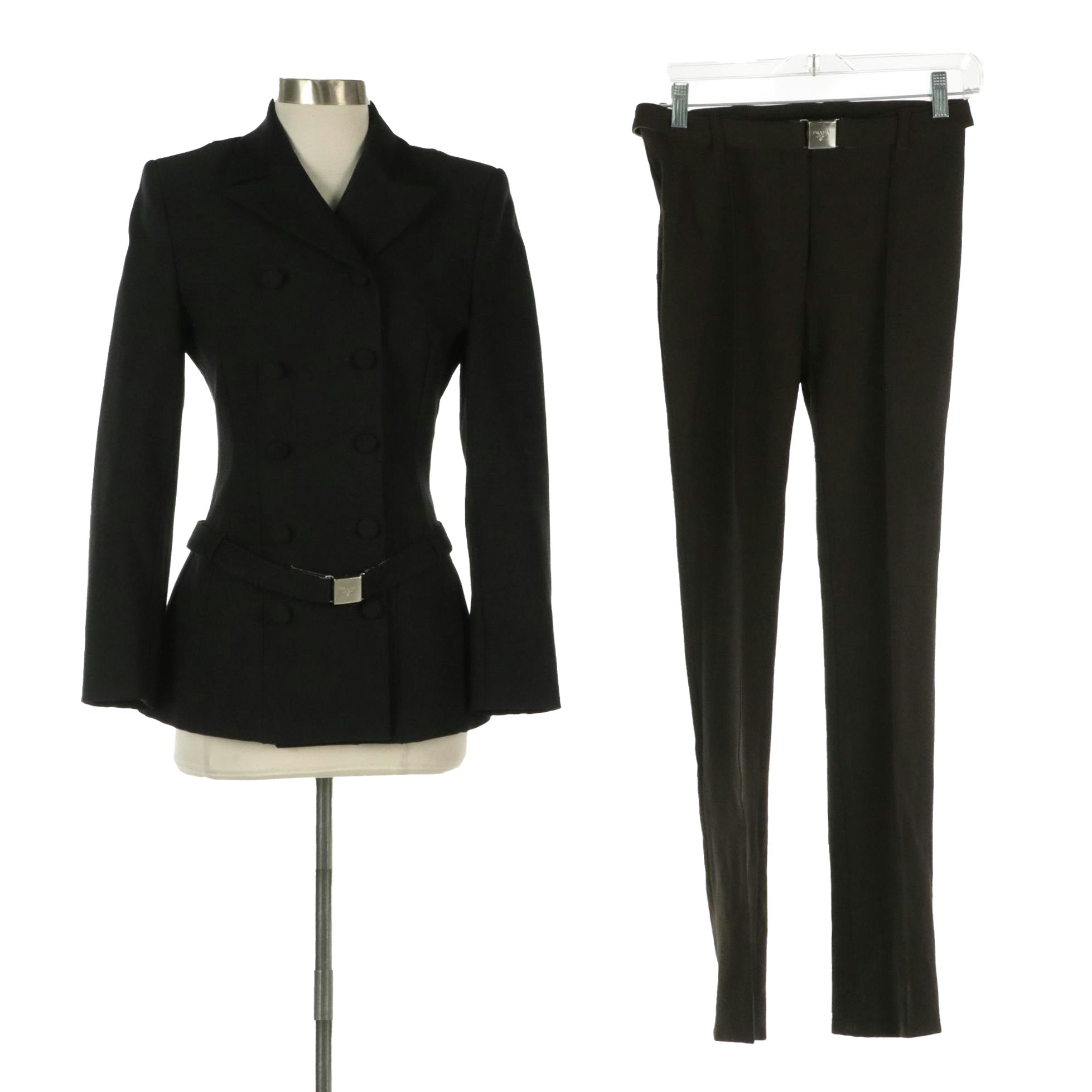Prada Black Double-Breasted Belted Jacket and Brown Belted Flat-Front Pants
