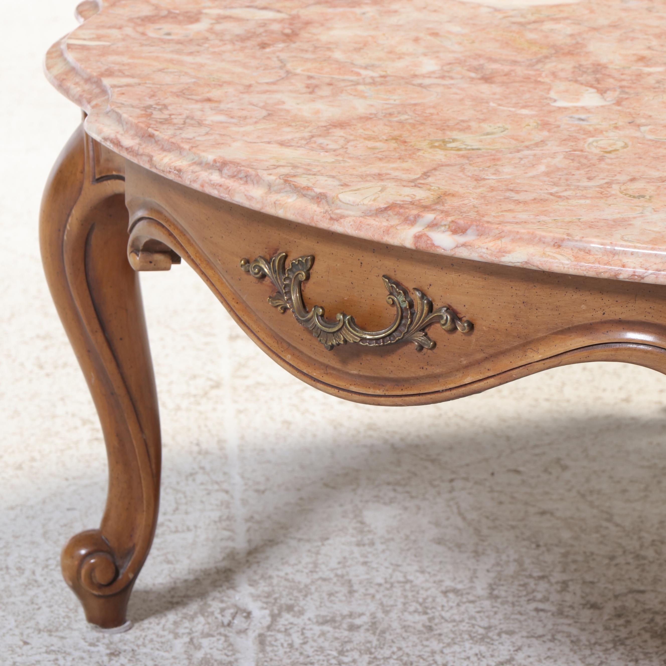 Weiman French Provincial Style Fruitwood-Stained and Marble Top Coffee Table