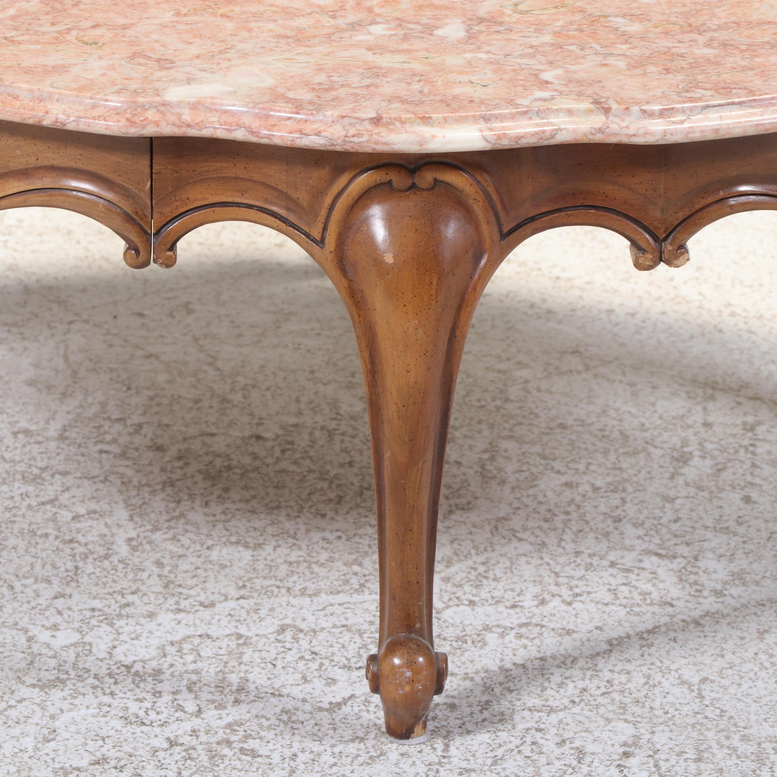 Weiman French Provincial Style Fruitwood-Stained and Marble Top Coffee Table