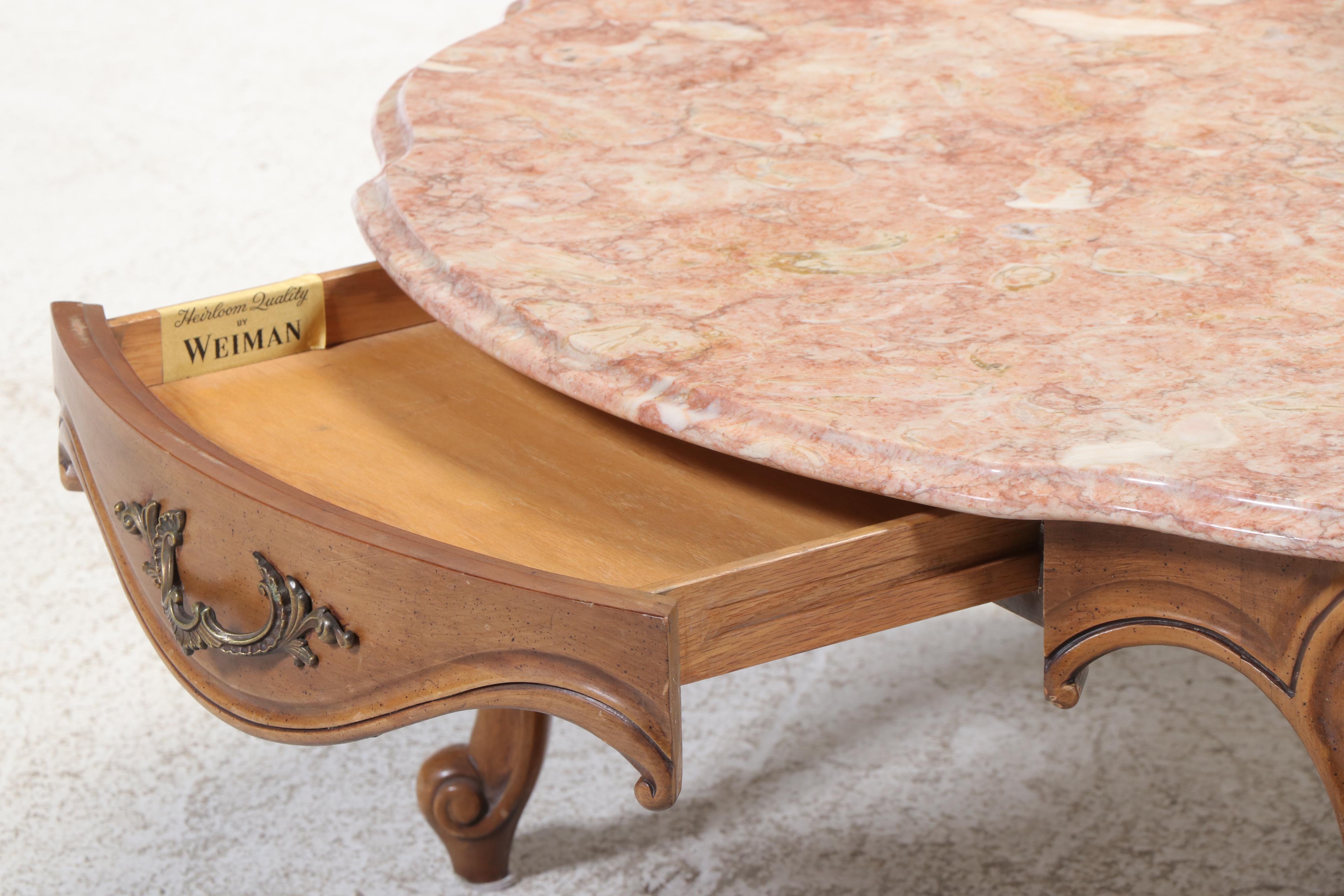 Weiman French Provincial Style Fruitwood-Stained and Marble Top Coffee Table