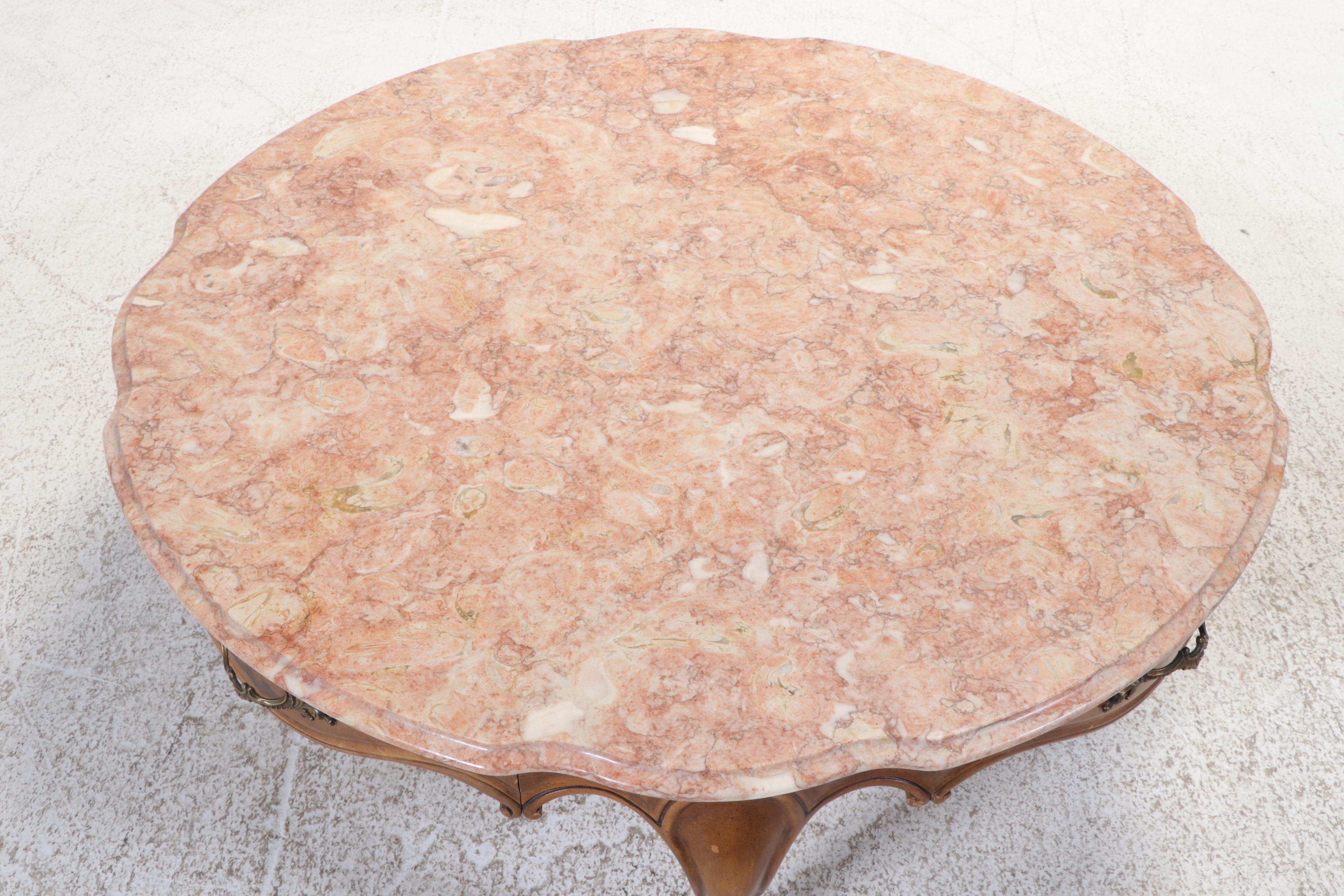 Weiman French Provincial Style Fruitwood-Stained and Marble Top Coffee Table