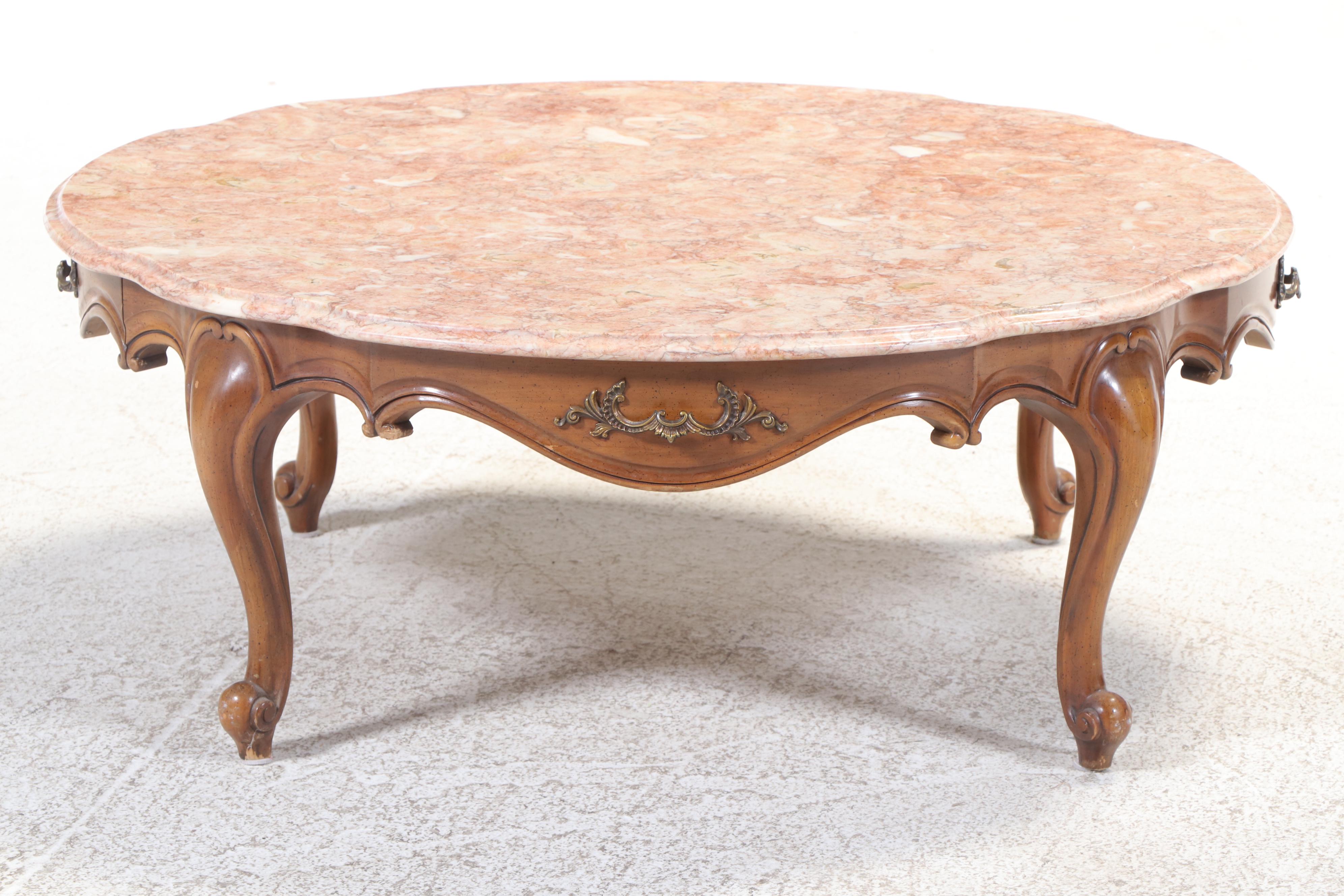 Weiman French Provincial Style Fruitwood-Stained and Marble Top Coffee Table