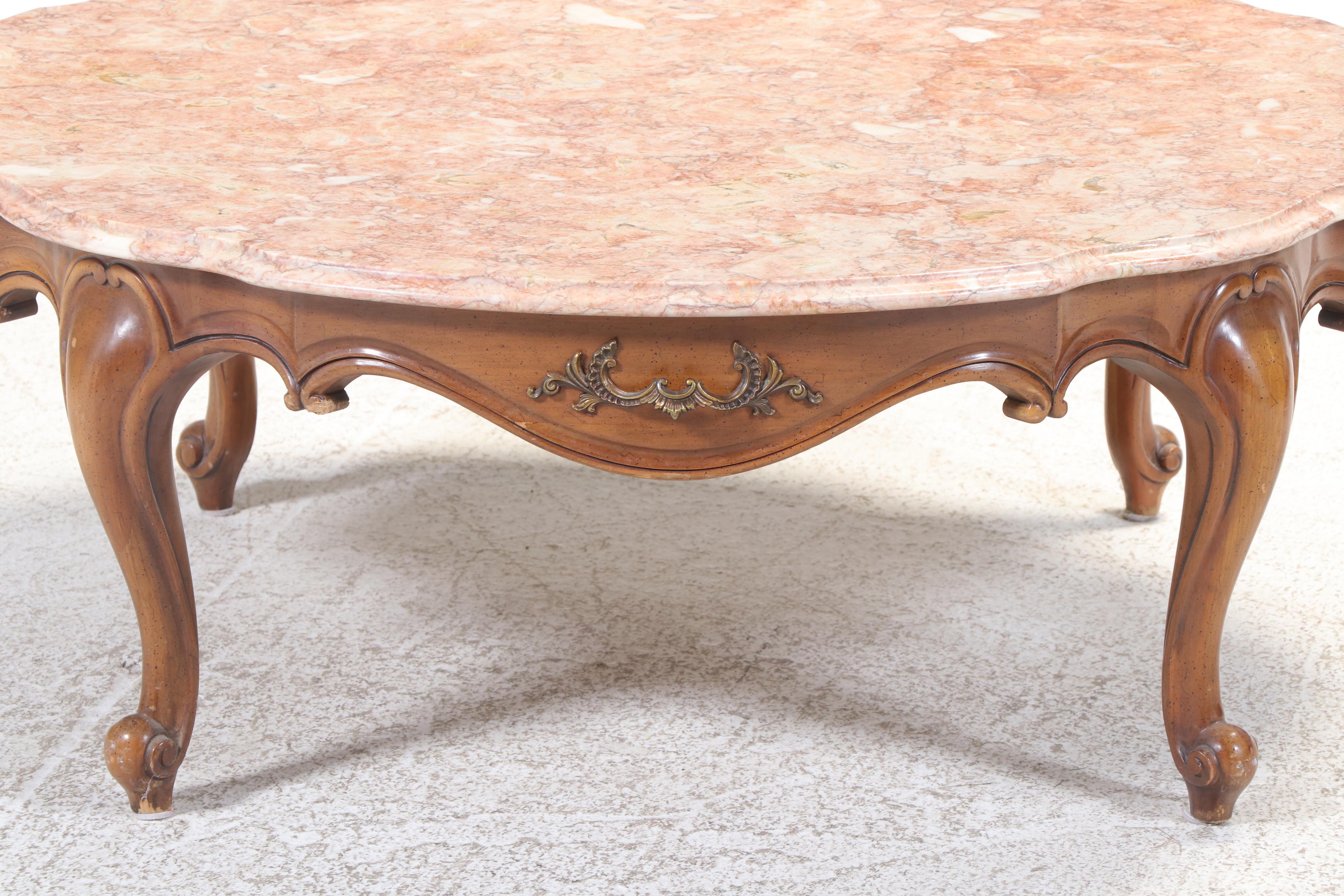 Weiman French Provincial Style Fruitwood-Stained and Marble Top Coffee Table