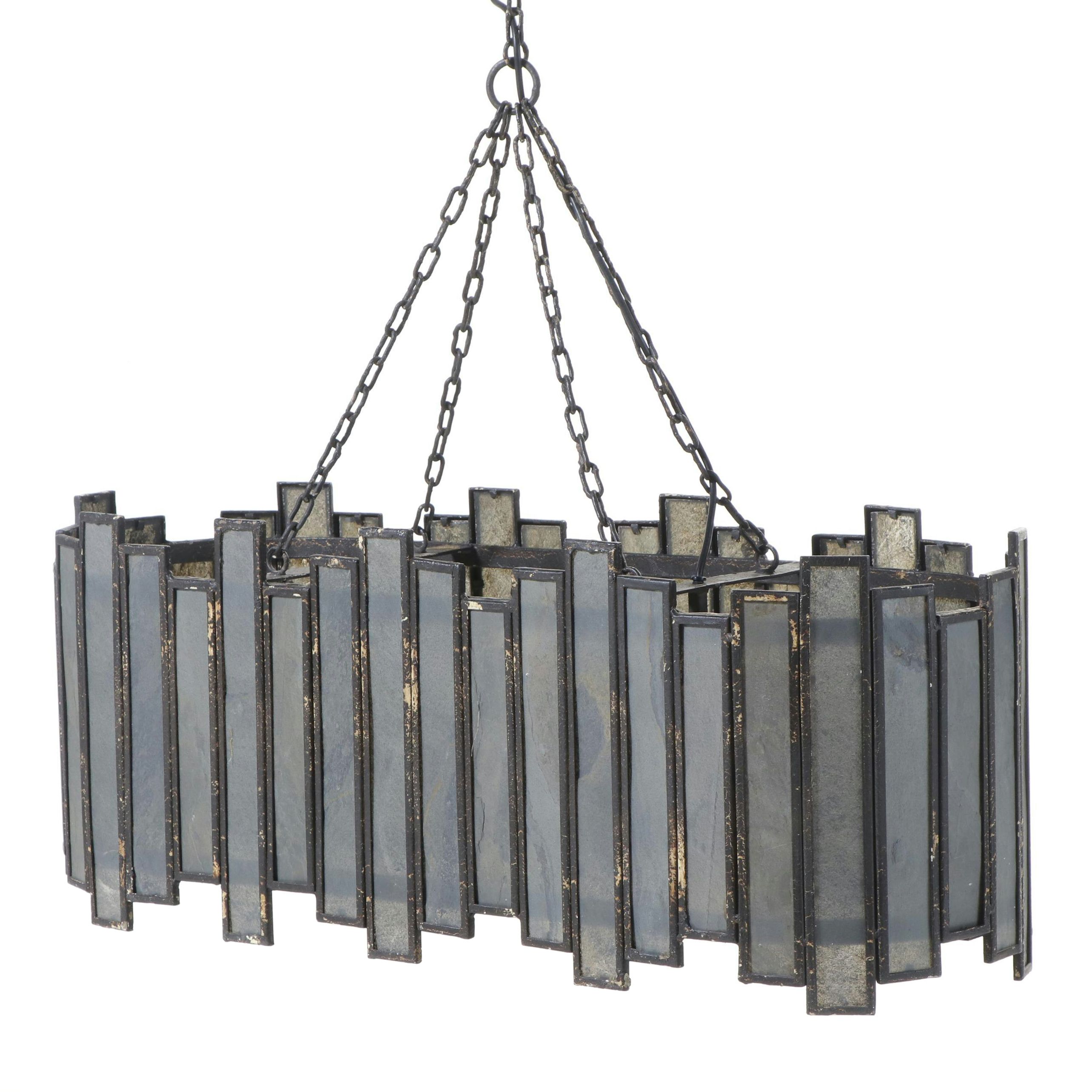 Crackle Glaze & Stone Finished Metal Panel Linear Oval Island Chandelier