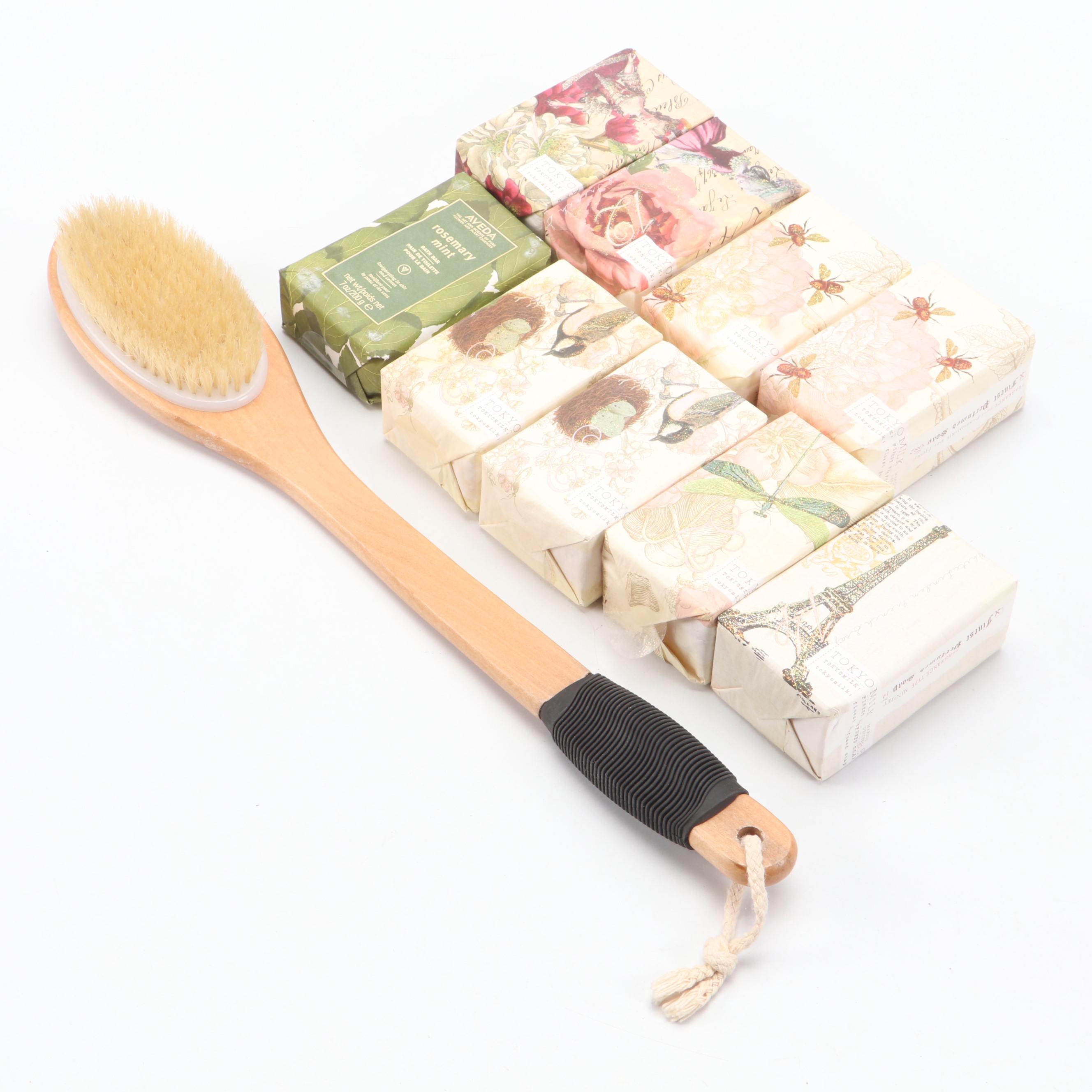 Tokyomilk and Aveda Soap Bars with Long Handle Wood Bath Brush