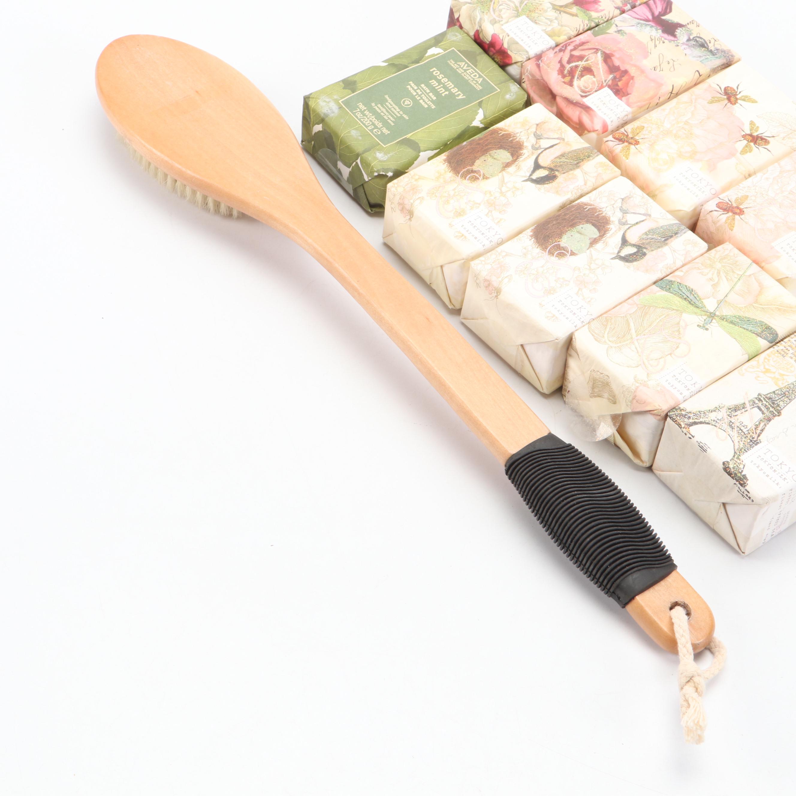 Tokyomilk and Aveda Soap Bars with Long Handle Wood Bath Brush