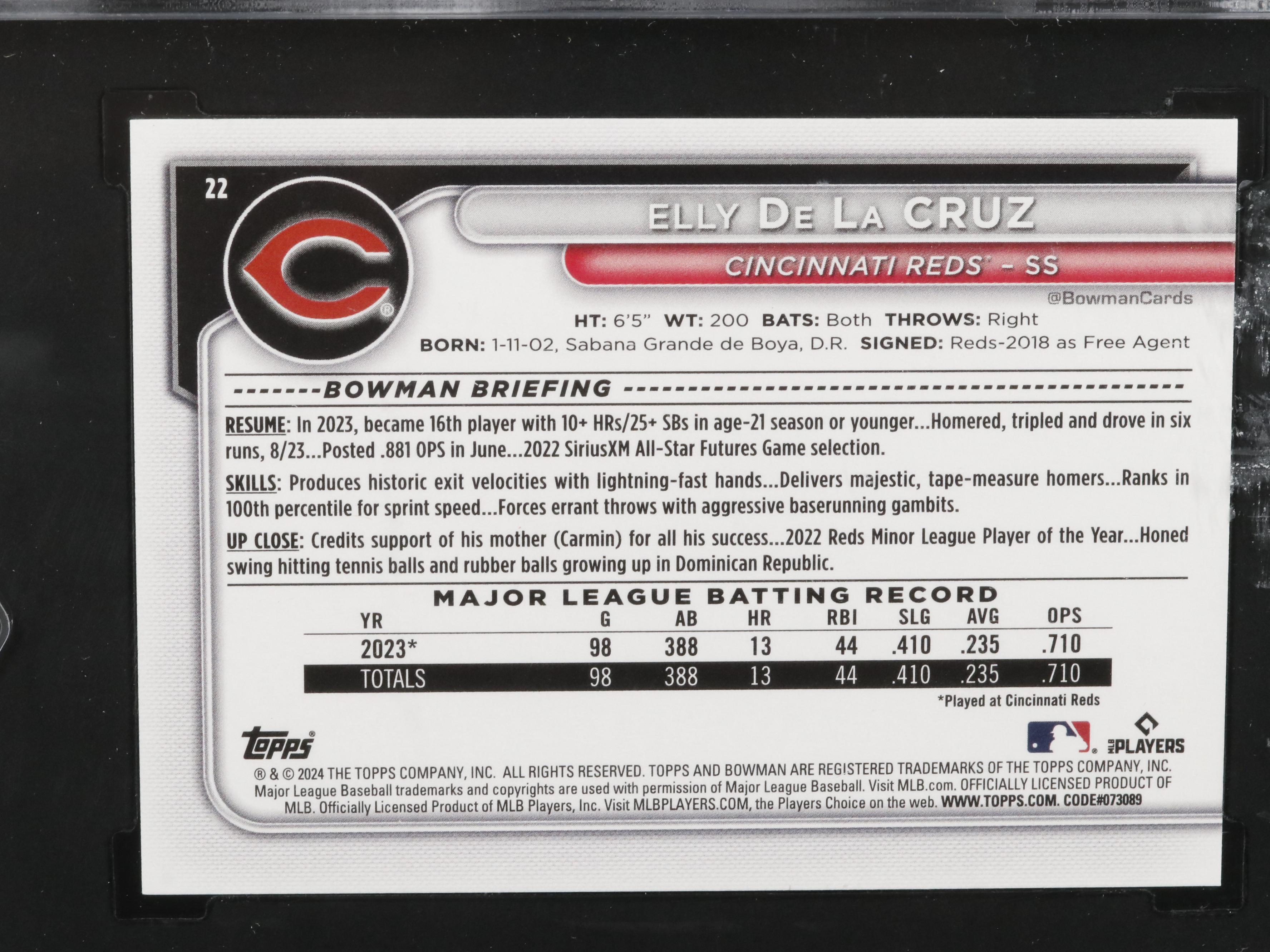 2024 Bowman Elly De La Cruz Cincinnati Reds Rookie Card Graded SGC 10
