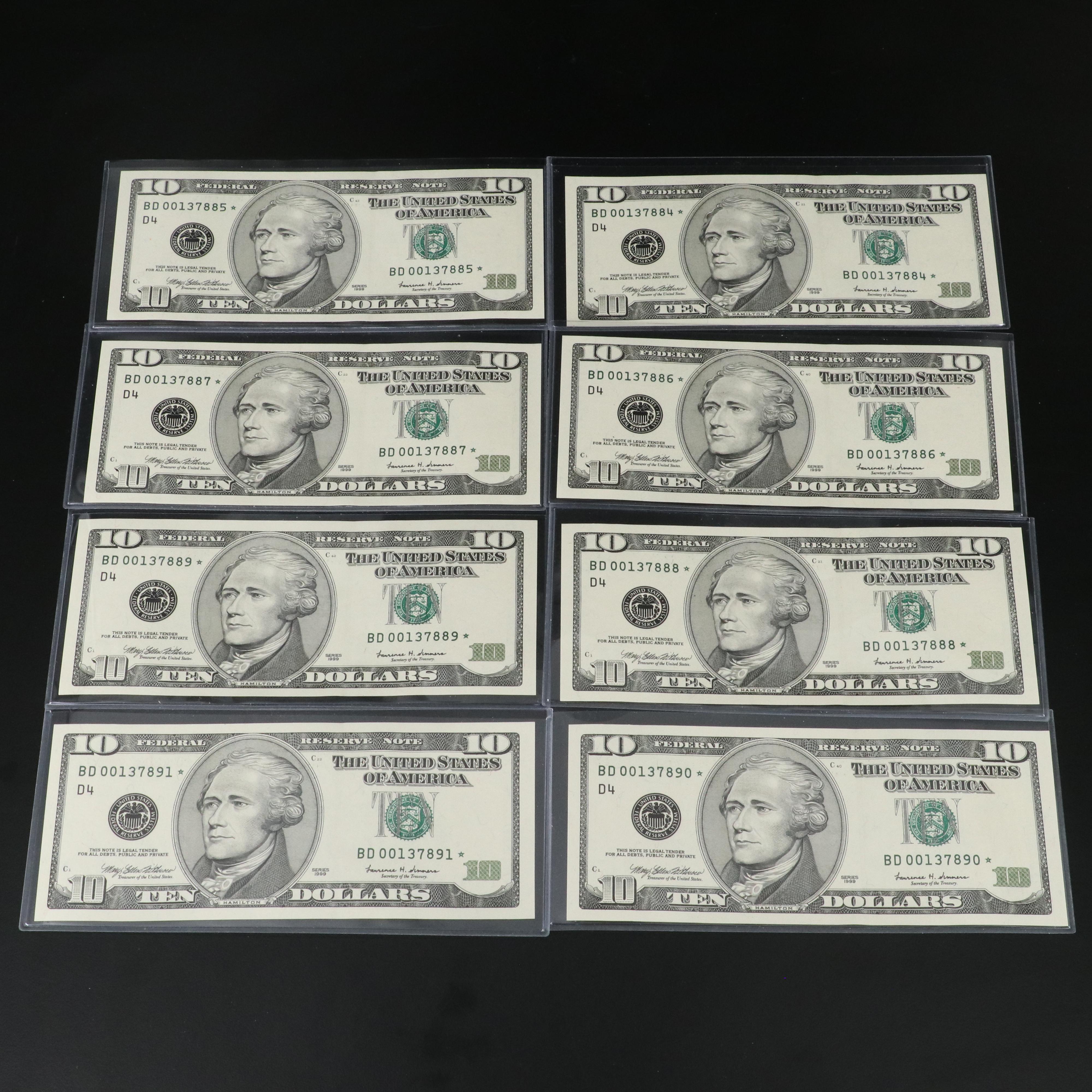 Eight 1999 Ten Dollar Federal Reserve Star Notes with Consecutive Serial Numbers