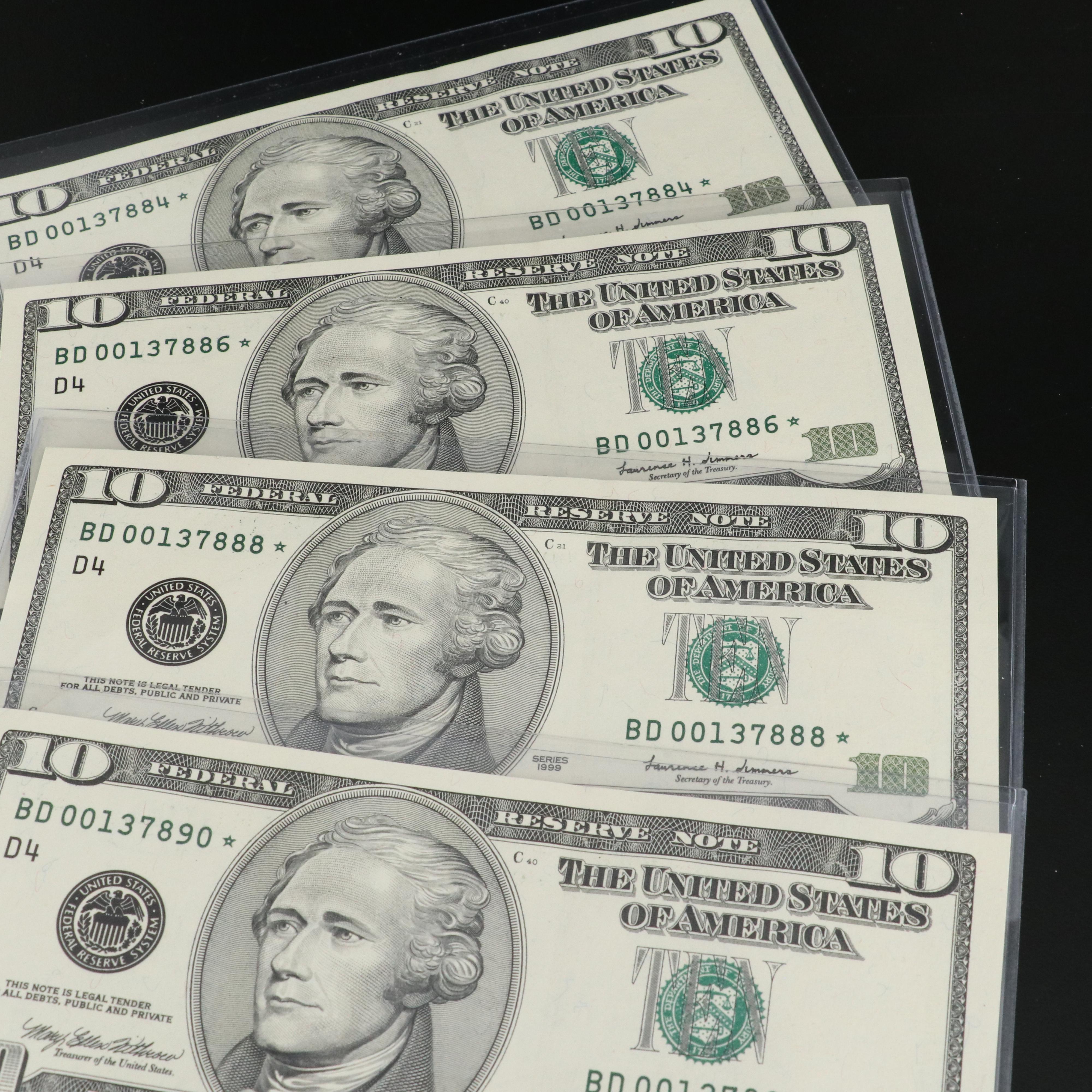 Eight 1999 Ten Dollar Federal Reserve Star Notes with Consecutive Serial Numbers