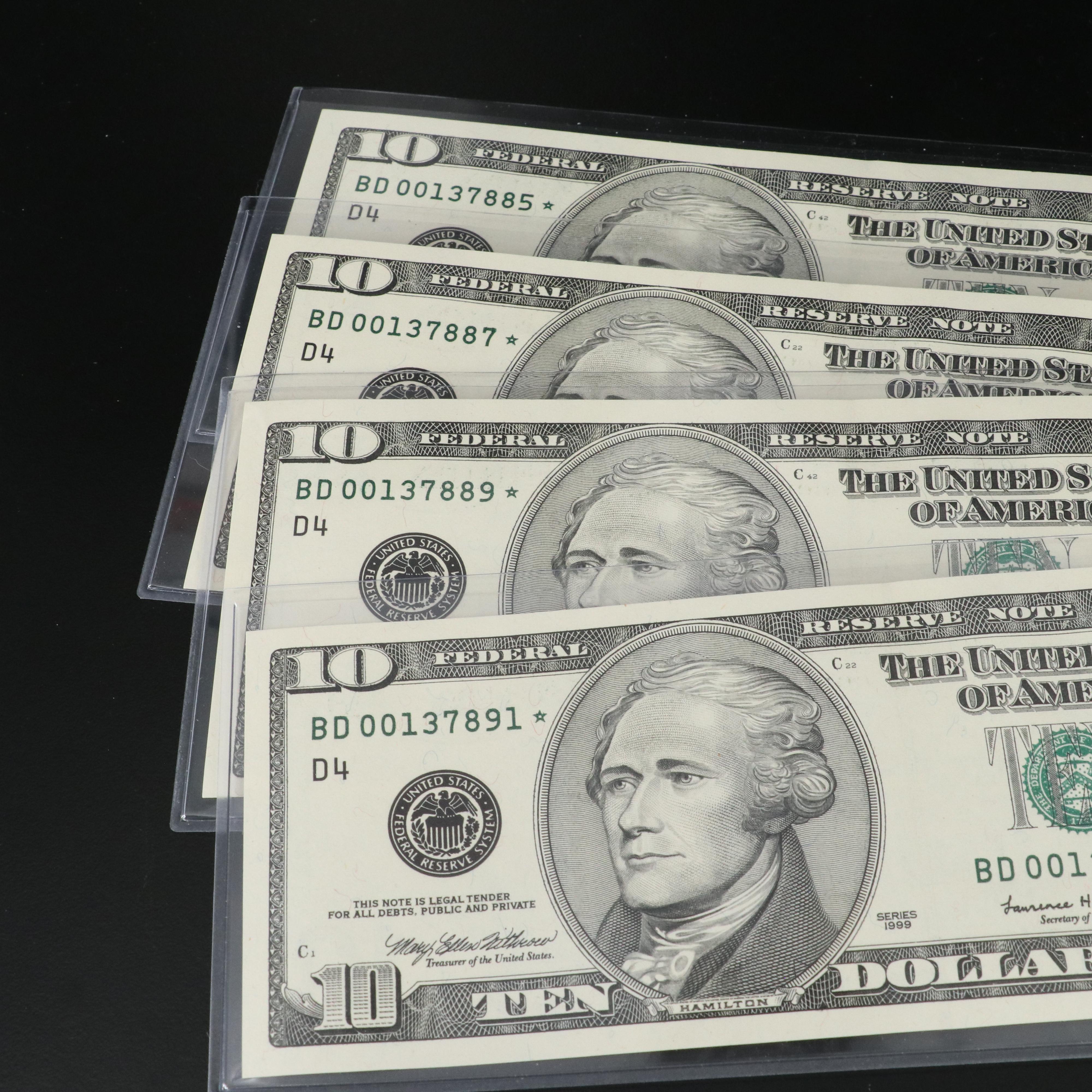 Eight 1999 Ten Dollar Federal Reserve Star Notes with Consecutive Serial Numbers