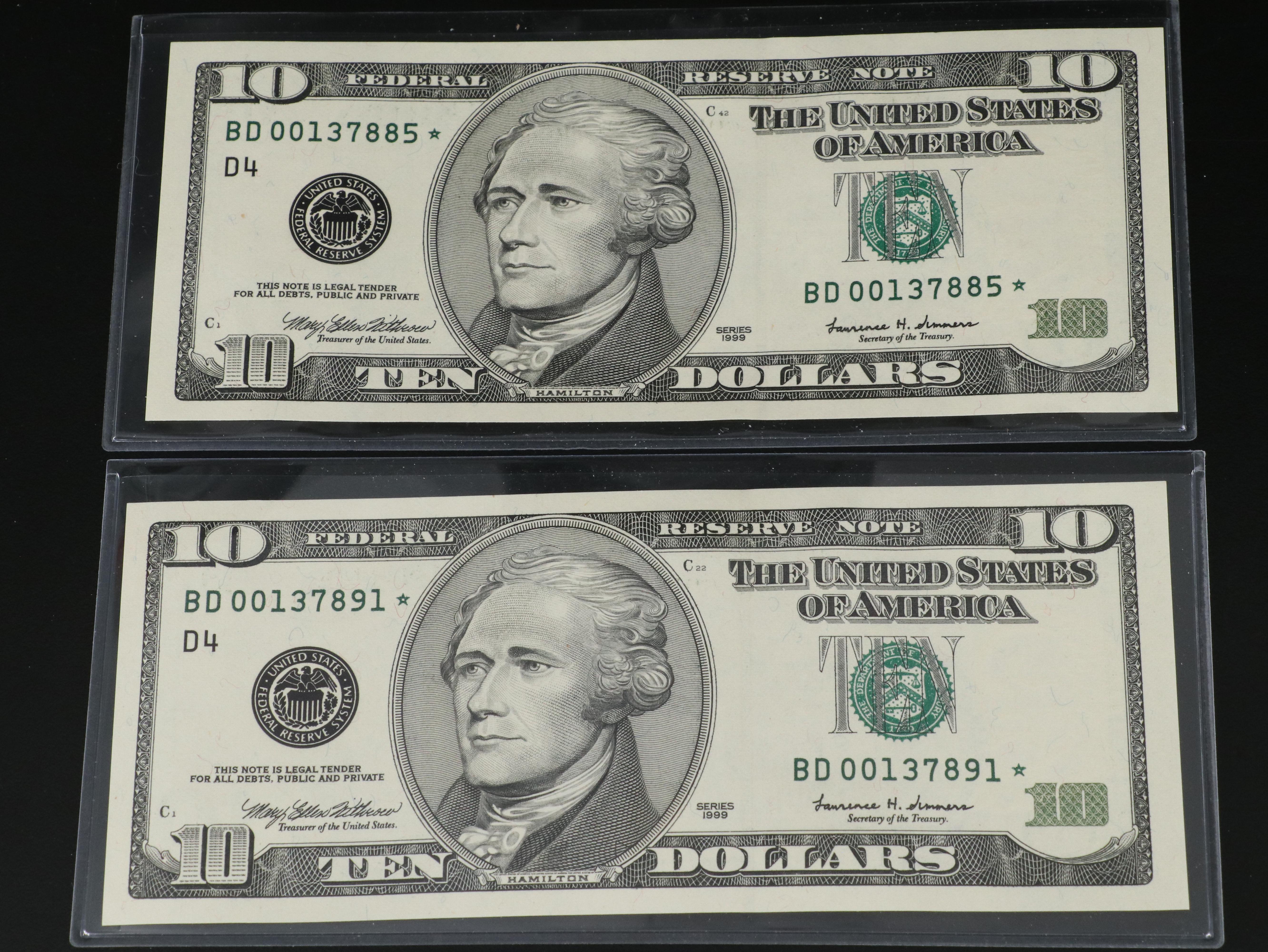Eight 1999 Ten Dollar Federal Reserve Star Notes with Consecutive Serial Numbers
