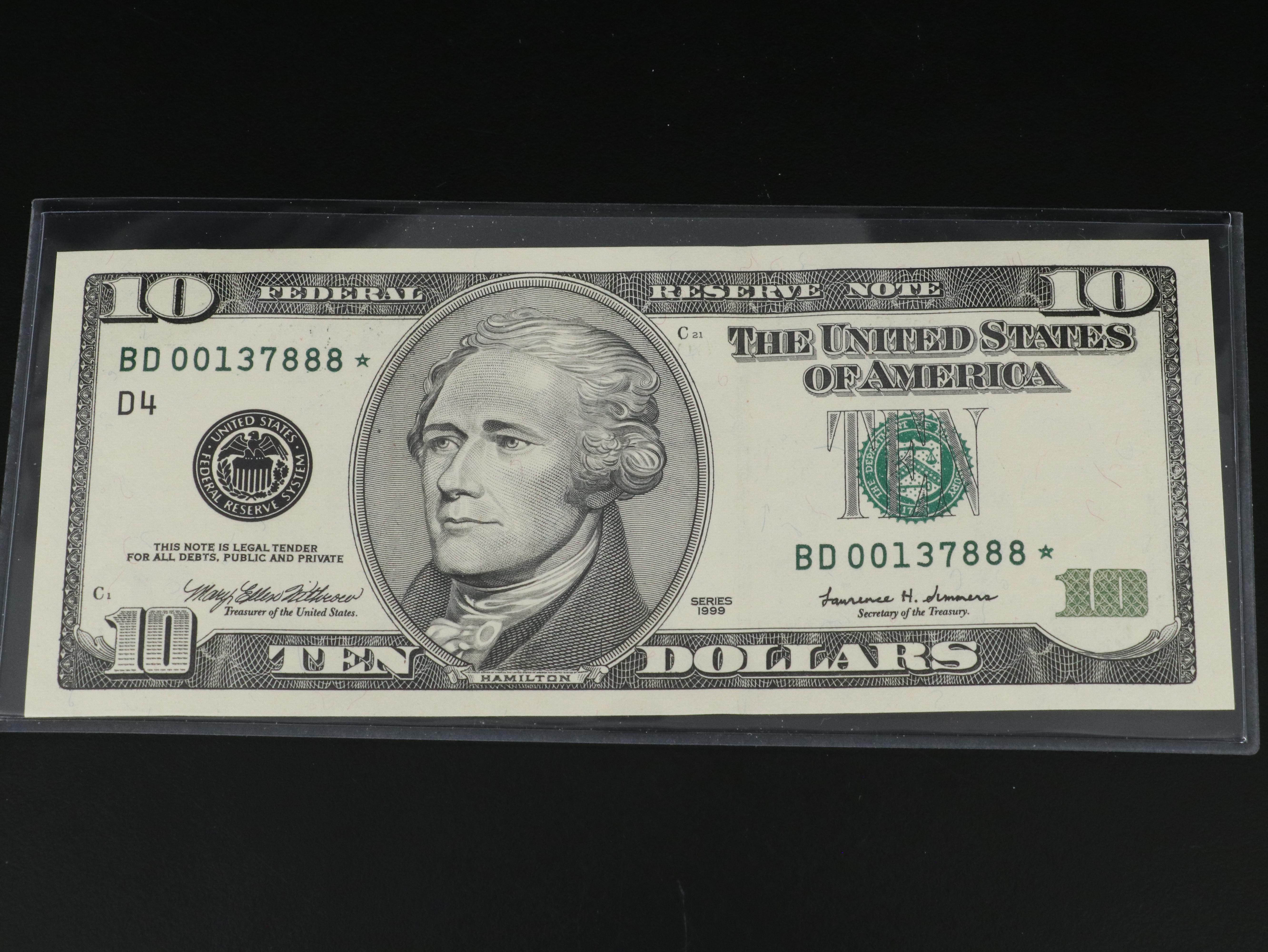 Eight 1999 Ten Dollar Federal Reserve Star Notes with Consecutive Serial Numbers