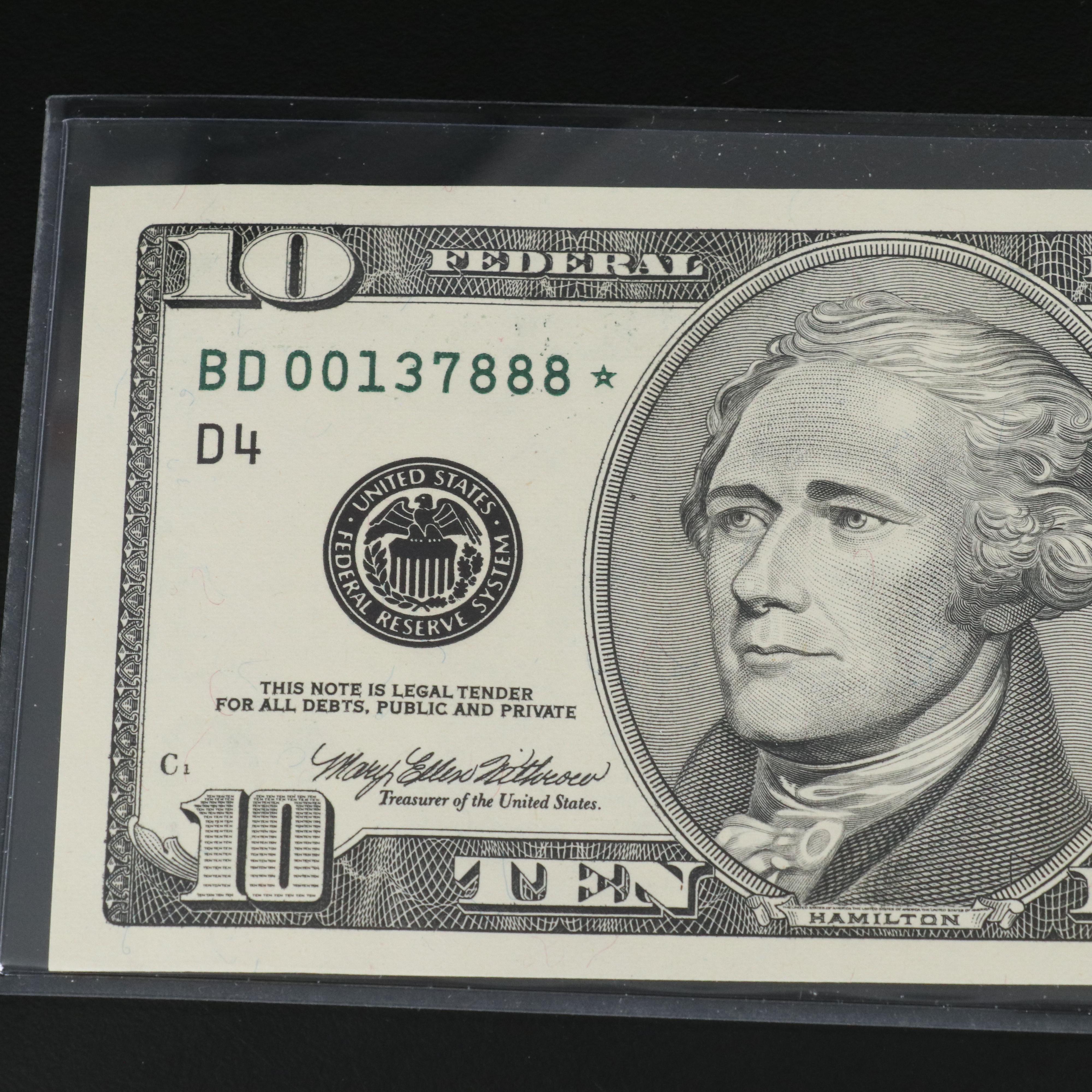 Eight 1999 Ten Dollar Federal Reserve Star Notes with Consecutive Serial Numbers