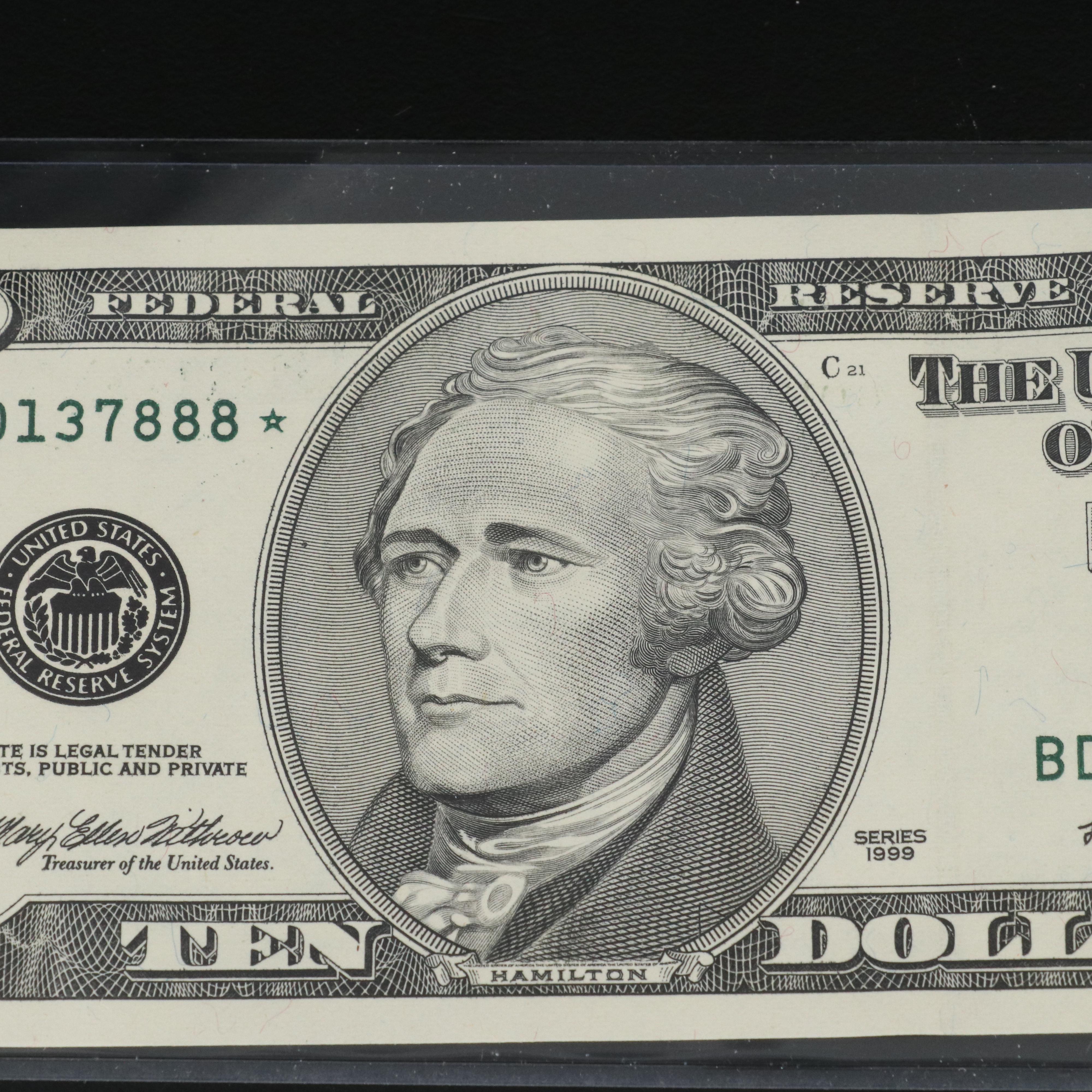Eight 1999 Ten Dollar Federal Reserve Star Notes with Consecutive Serial Numbers