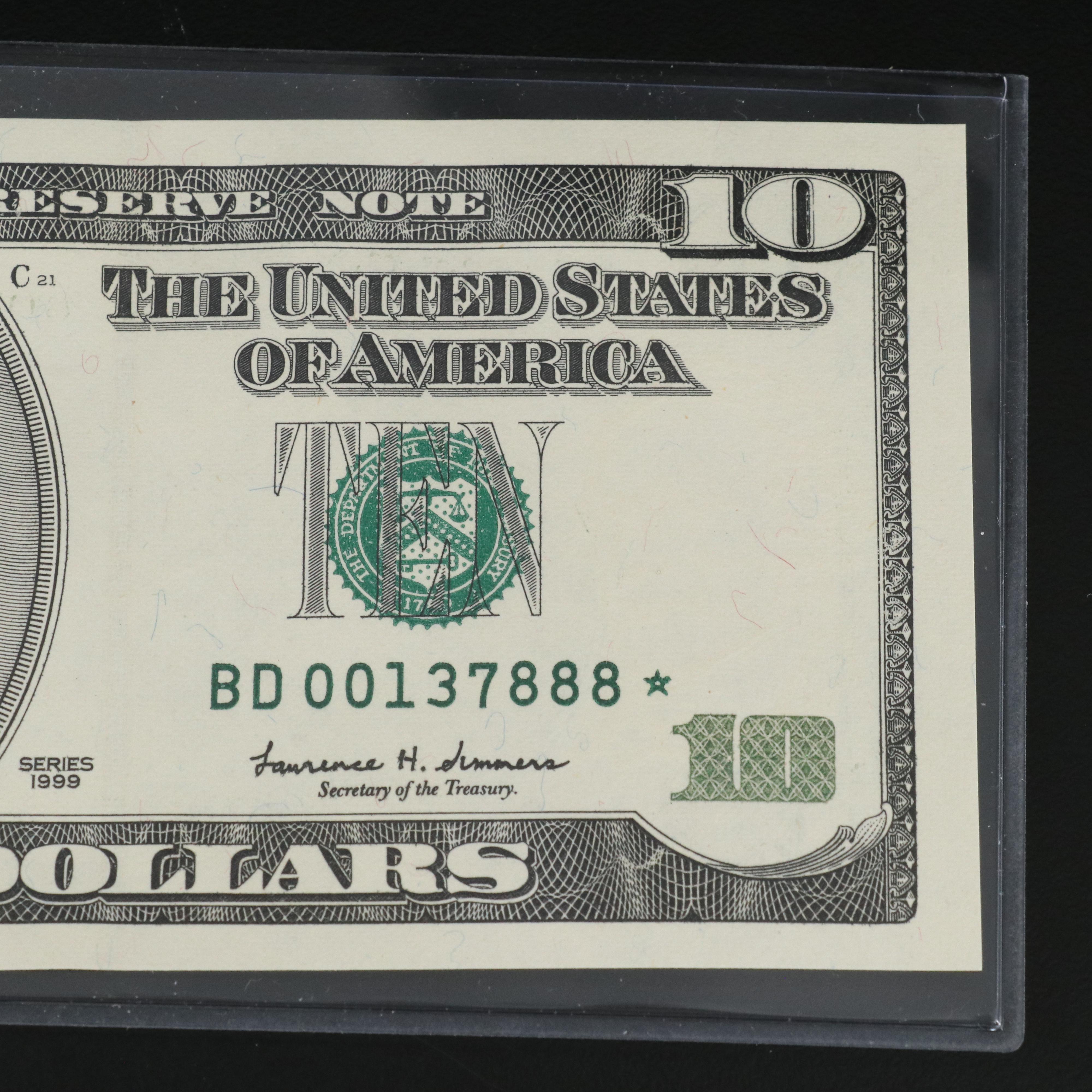 Eight 1999 Ten Dollar Federal Reserve Star Notes with Consecutive Serial Numbers