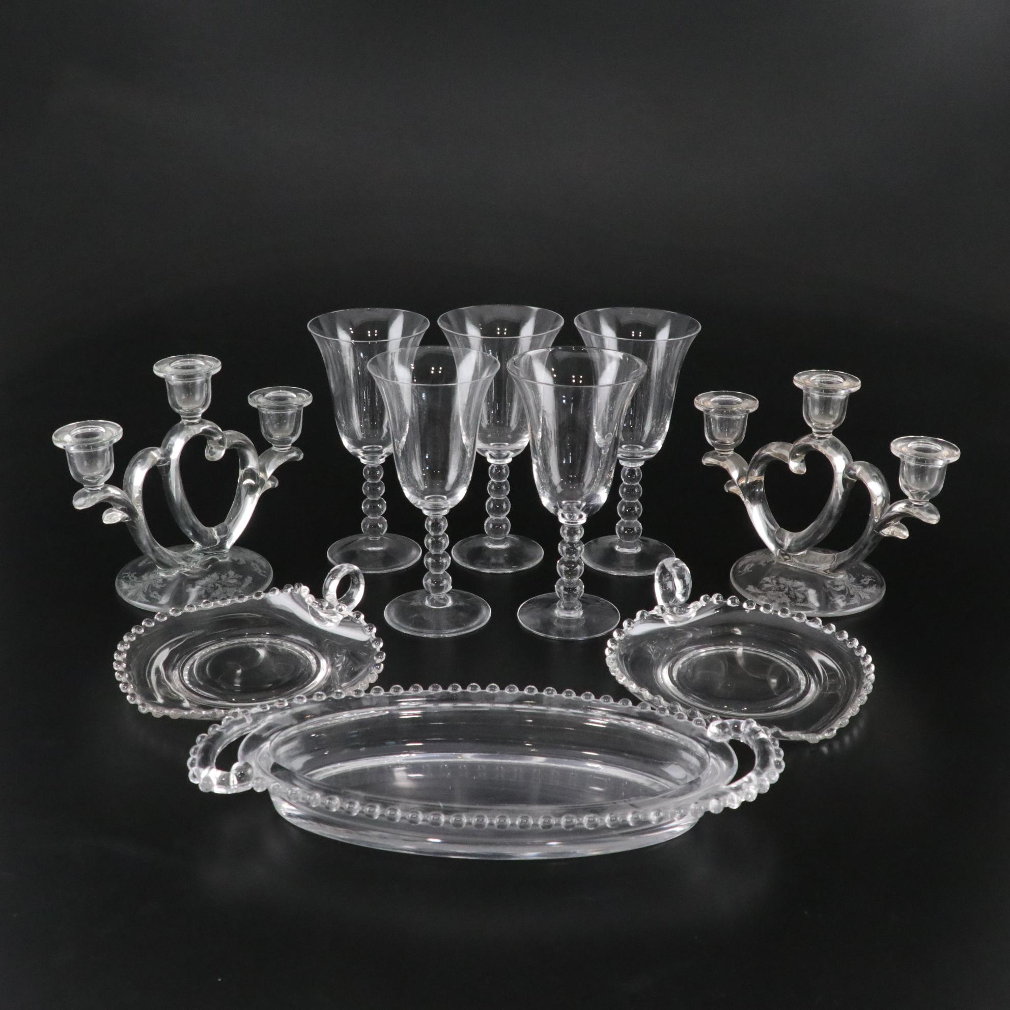 Imperial Glass "Candlewick" and "Double Heart" Set of Glassware & Candle Holders