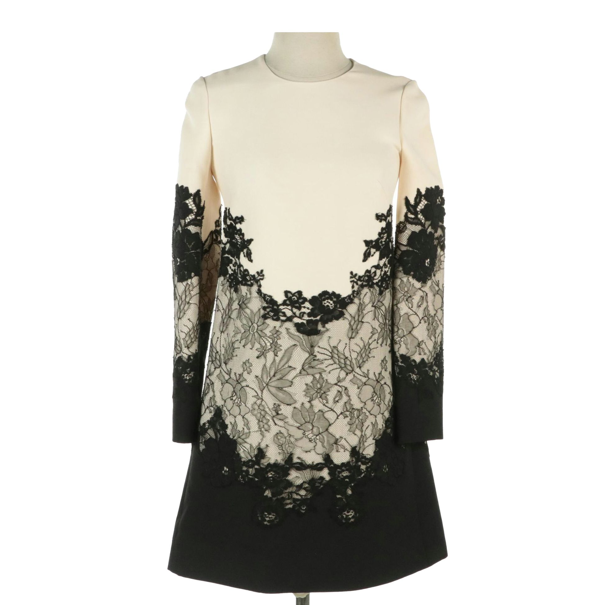 Valentino Long Sleeve Shift Dress in Black Lace-Trimmed Silk/Wool Blend