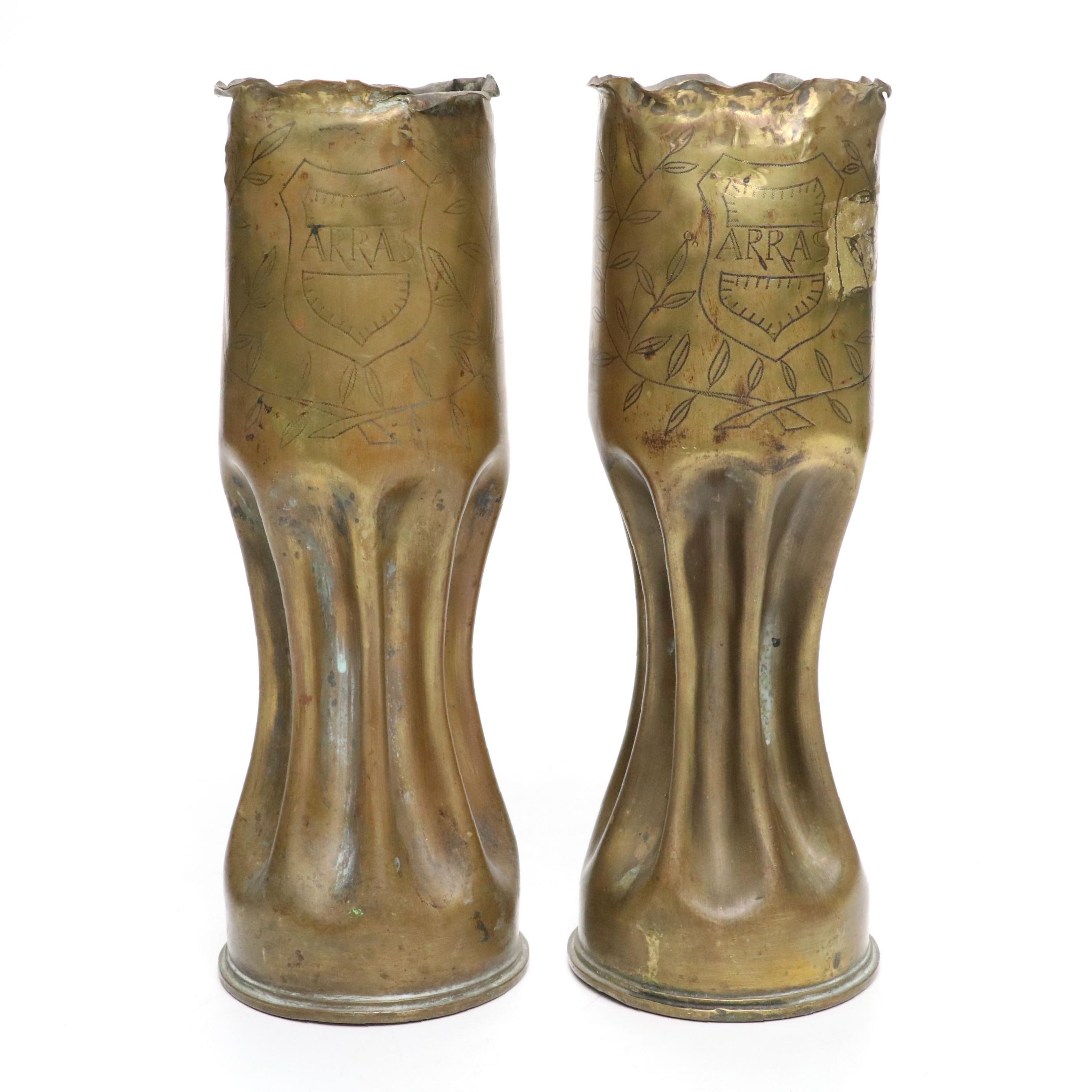 WWI Verdun Hammered Brass Artillery Shell Trench Art Vases, 1917