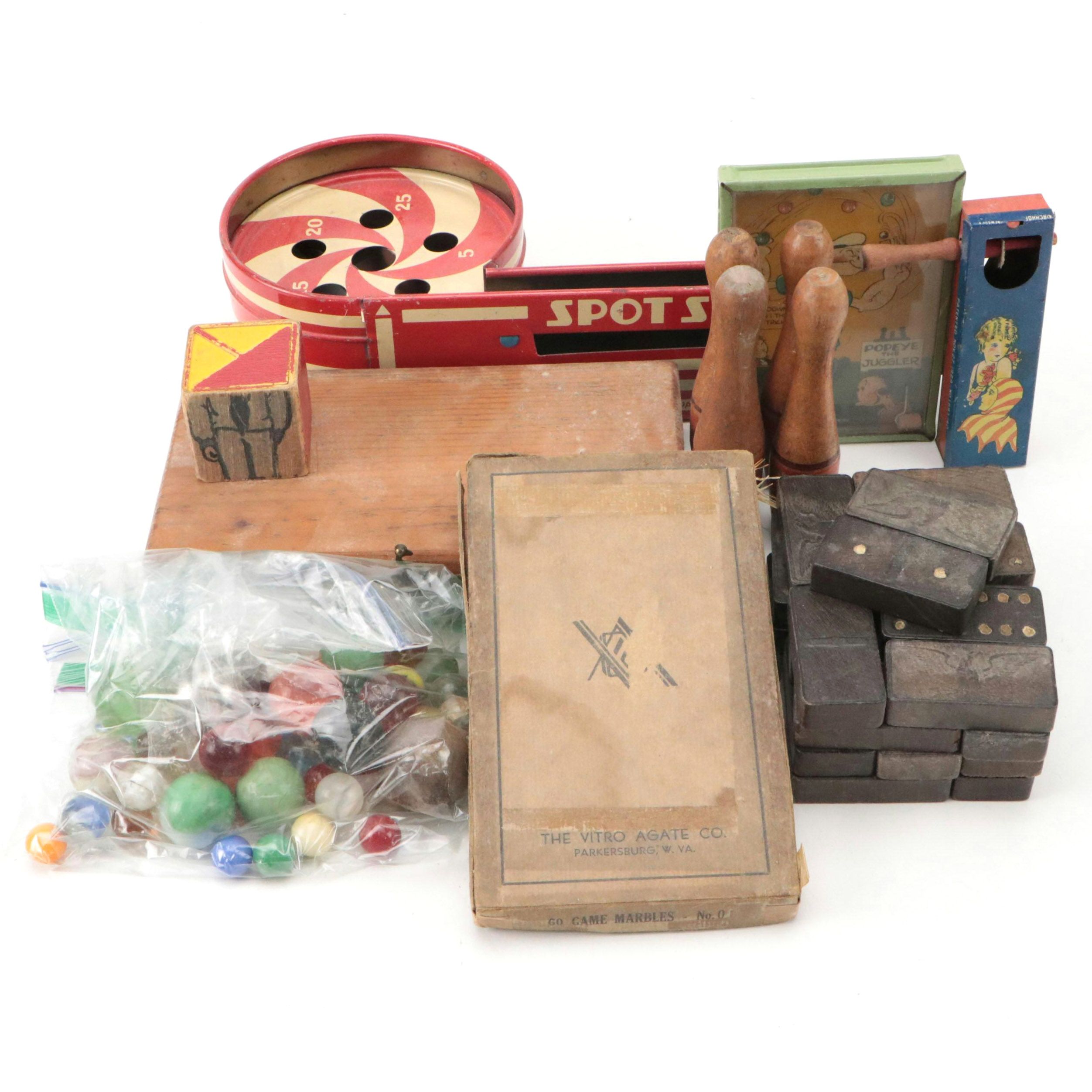 Spot Shot Marbles Game, Popeye the Juggler Game and Noisemaker