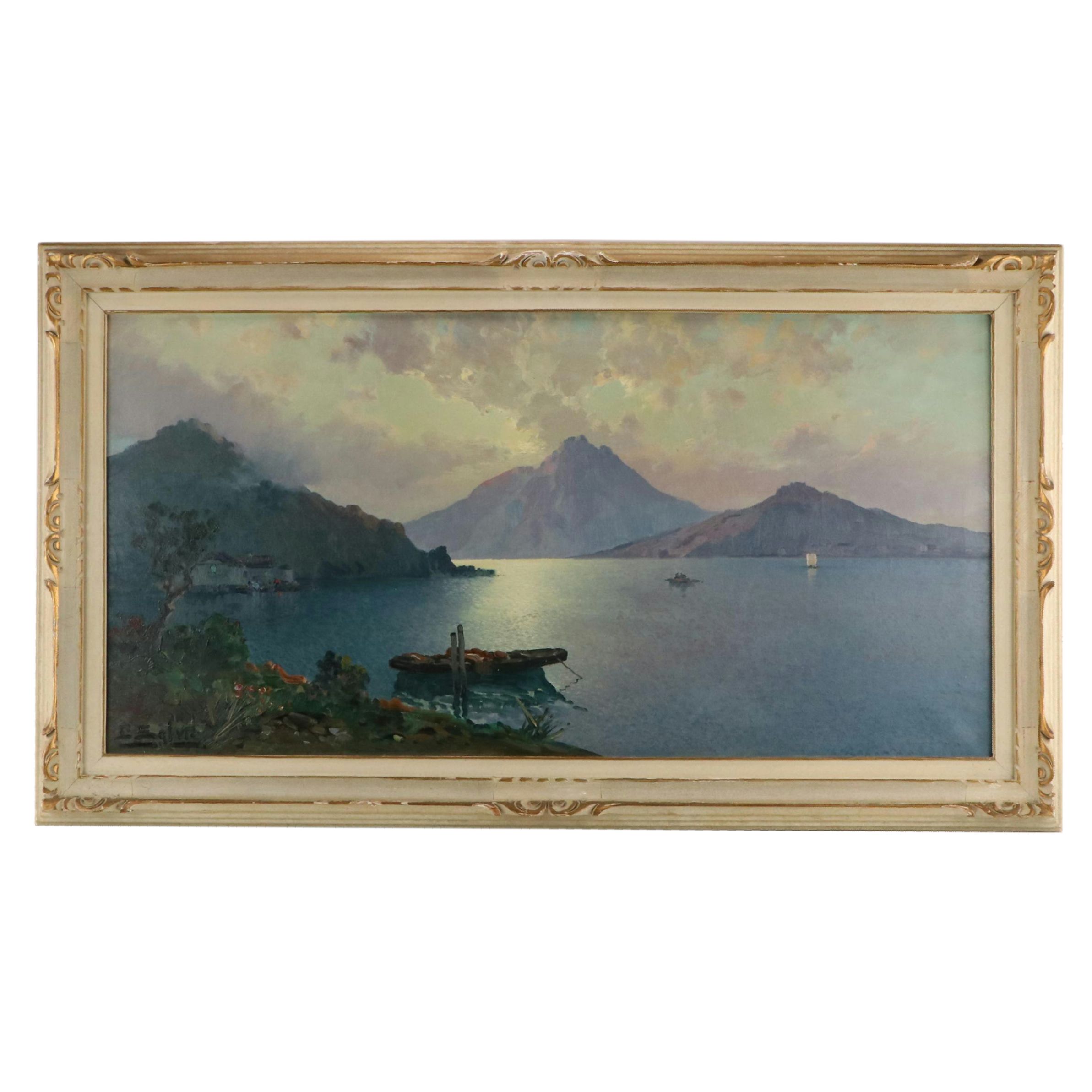 Ensel Salvi Italian Coastal Landscape Oil Painting, 20th Century