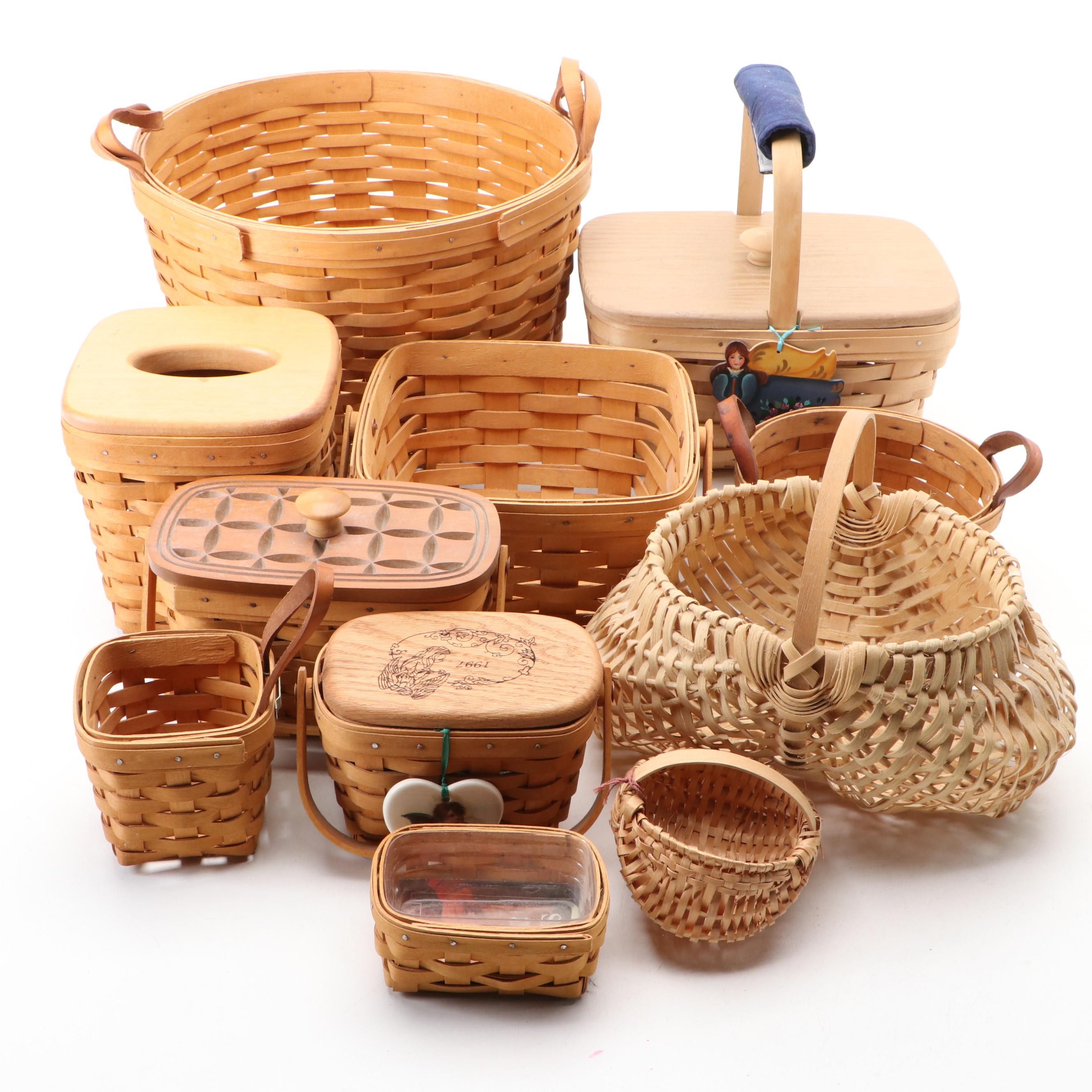 Longaberger Handmade Maple Baskets with Other Woven Baskets