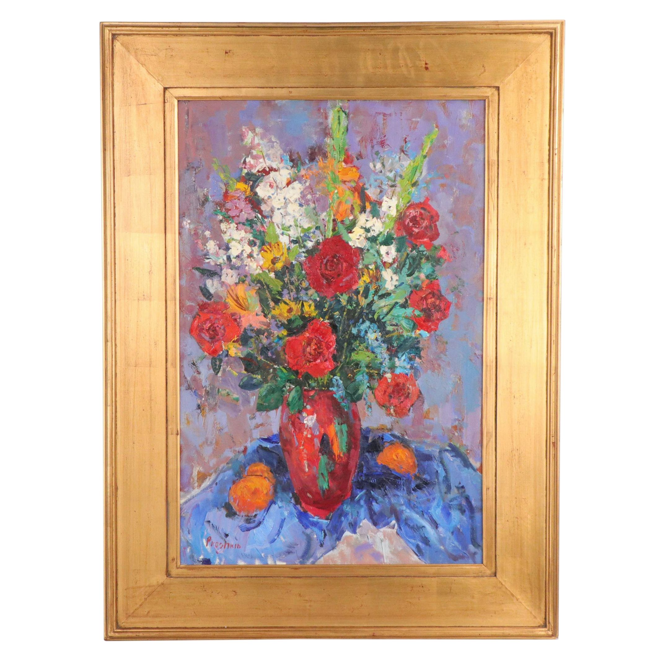 Dmitriy Proshkin Impasto Floral Still Life Oil Painting "Flowers in a Red Vase"