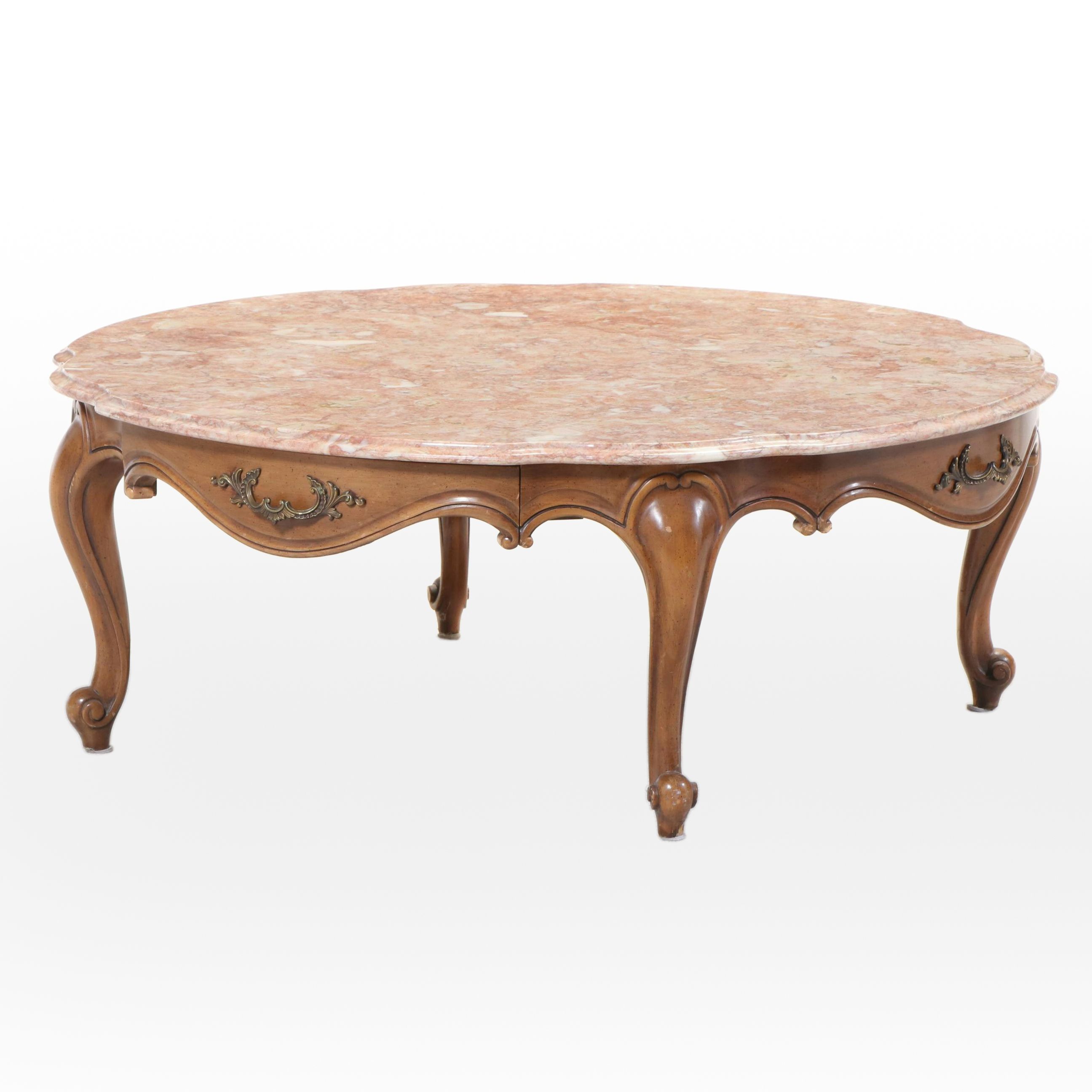 Weiman French Provincial Style Fruitwood-Stained and Marble Top Coffee Table