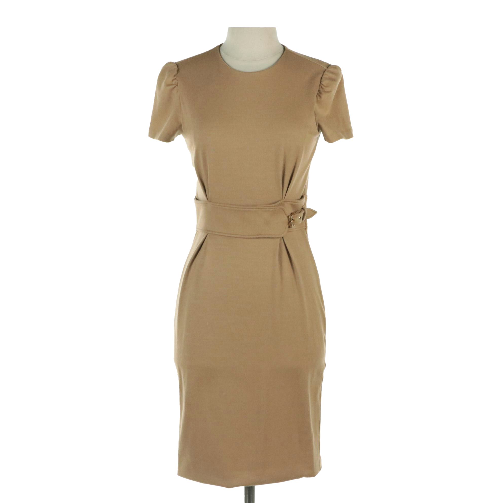 Gucci Belted Cocktail Dress in Camel Brown Wool