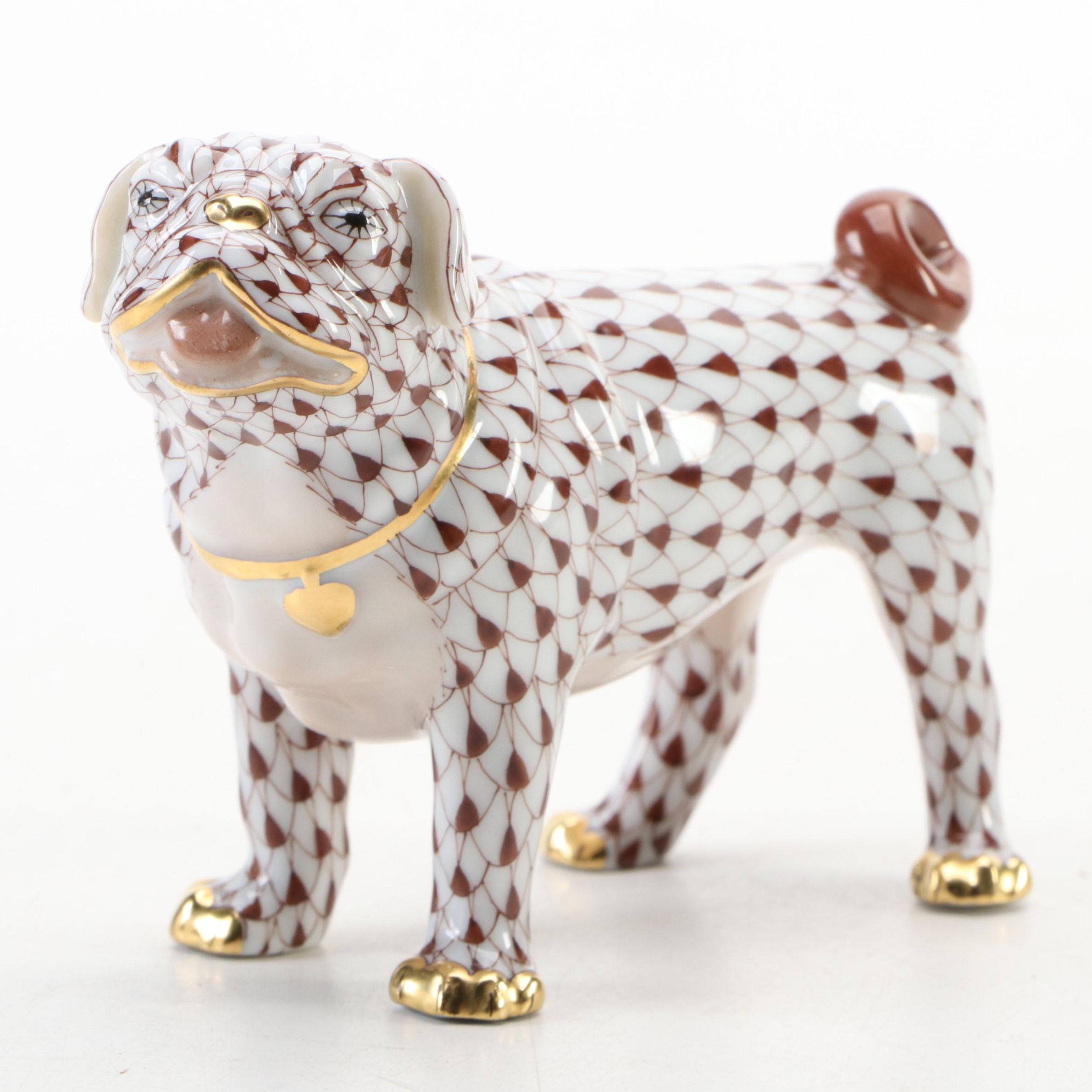 Herend First Edition Chocolate Fishnet with Gold "Lola Pug" Porcelain Figurine