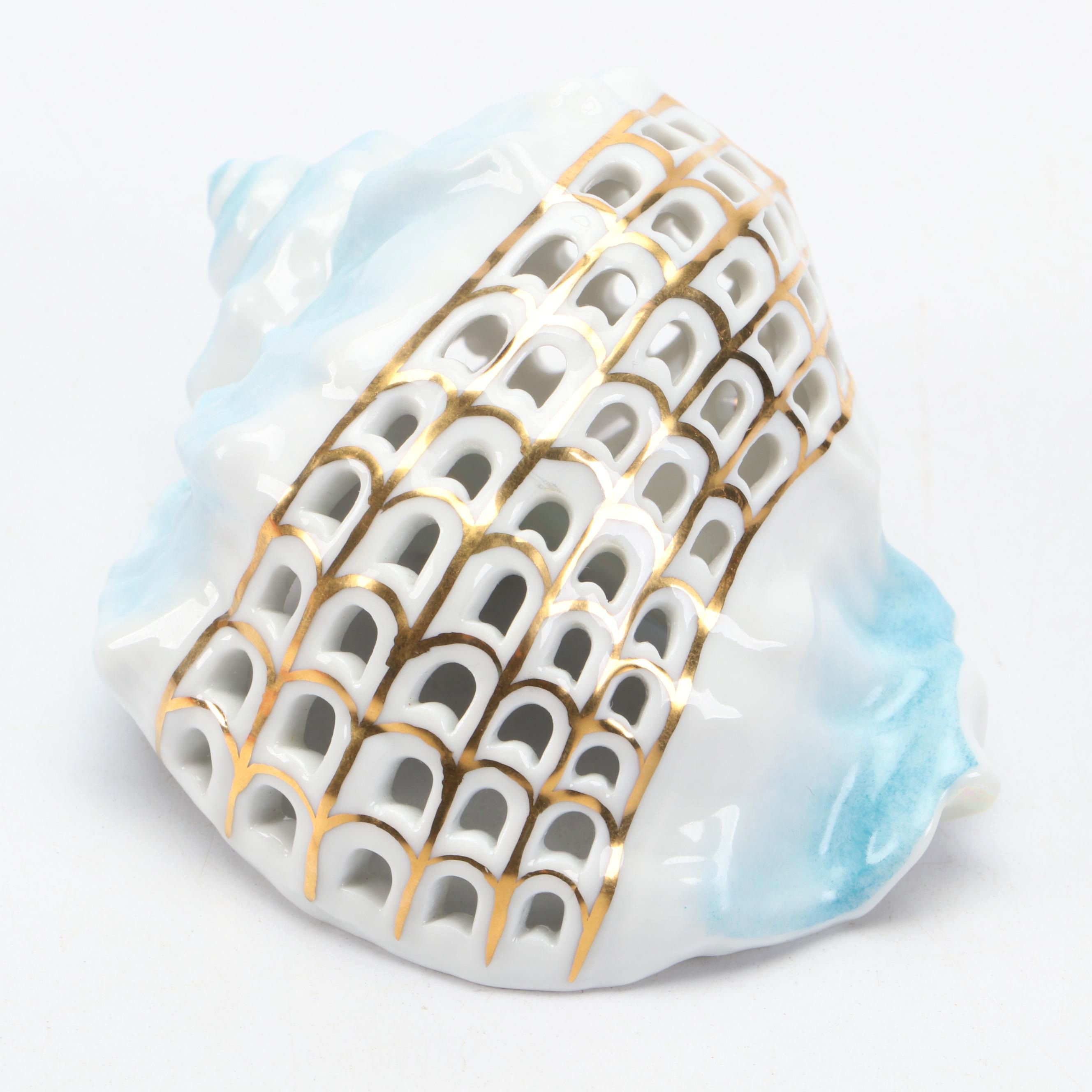 Herend Blue with Gold "Pierced Helmet Shell" Openwork Porcelain Figurine