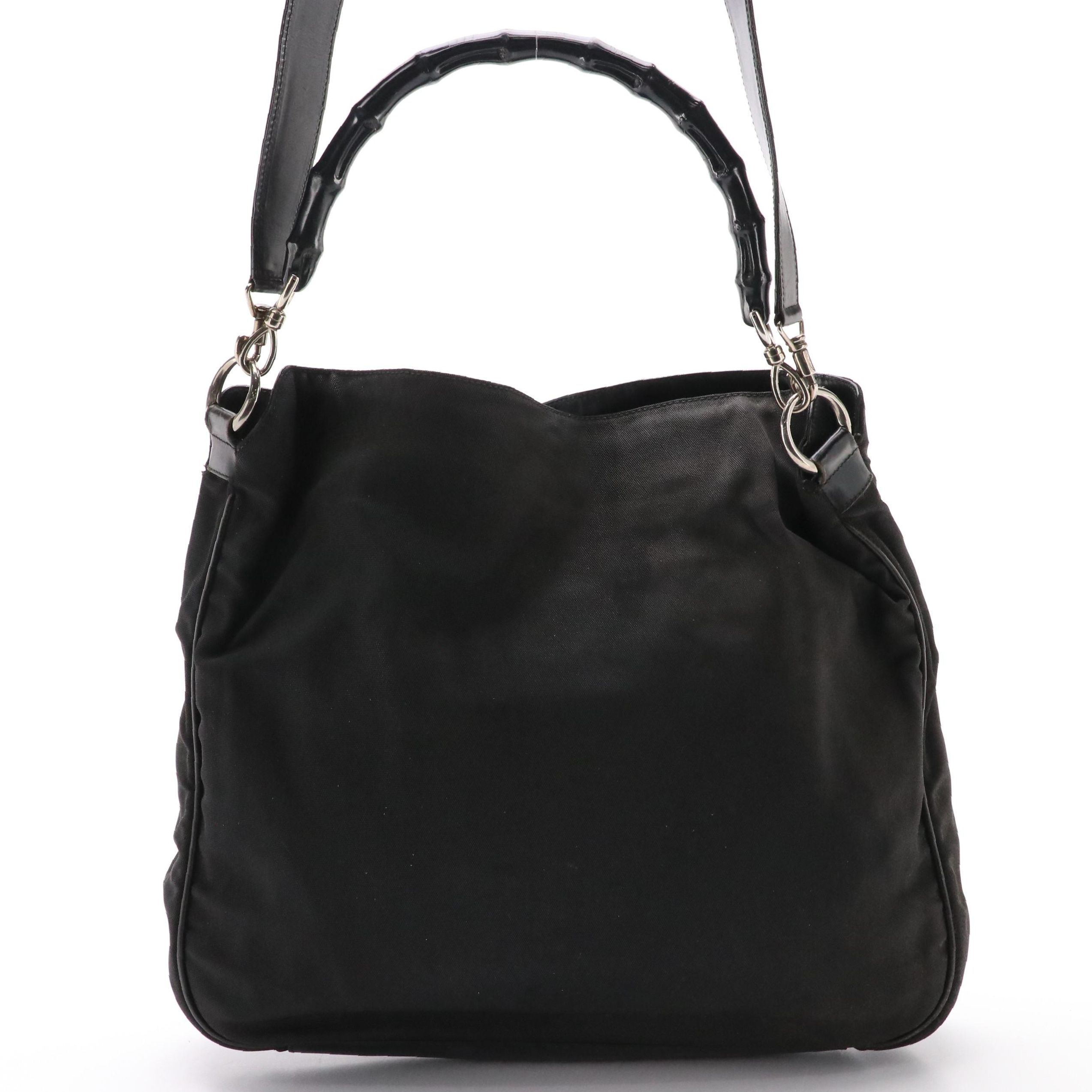 Gucci Bamboo Handle Two-Way Bag in Black Canvas and Leather Trim