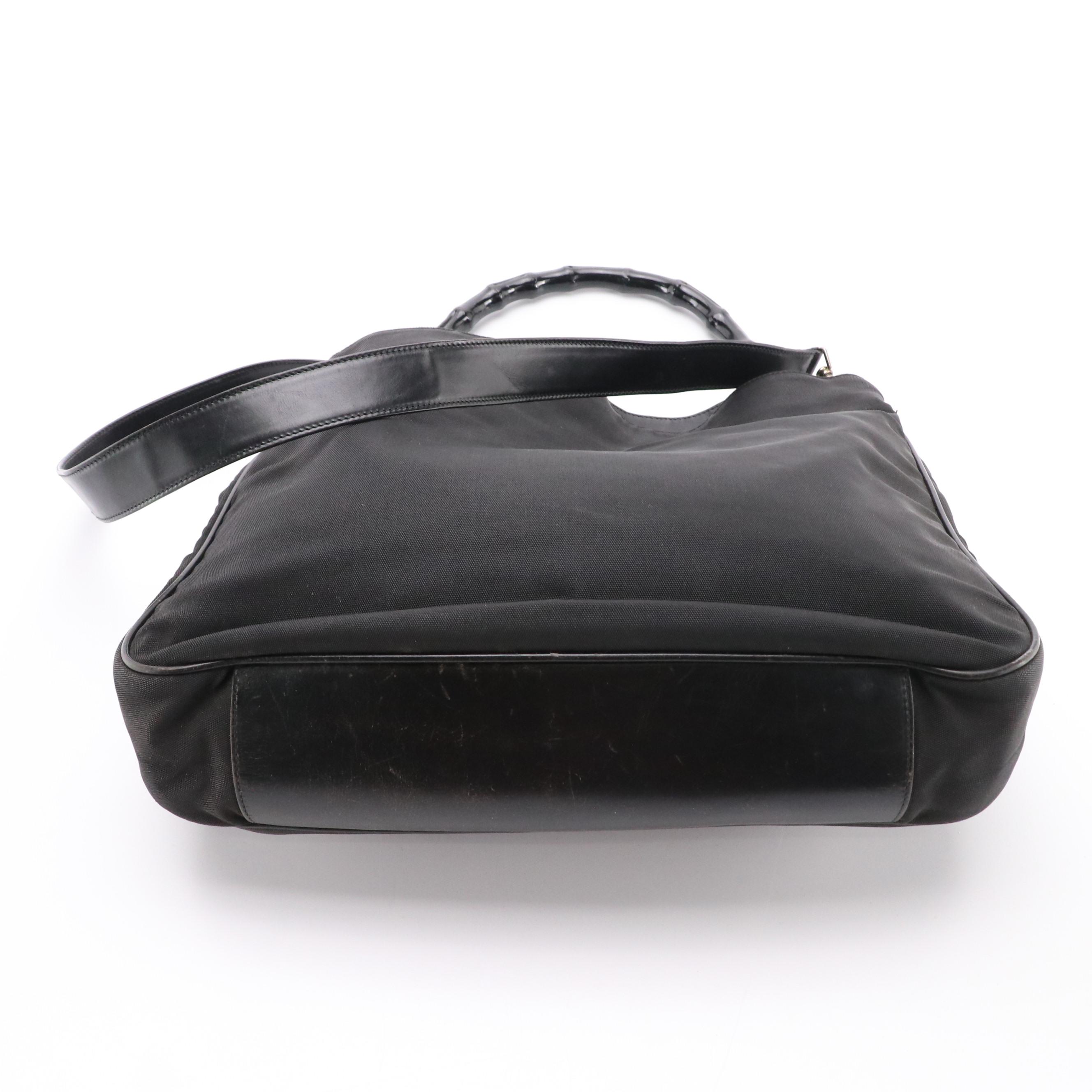 Gucci Bamboo Handle Two-Way Bag in Black Canvas and Leather Trim