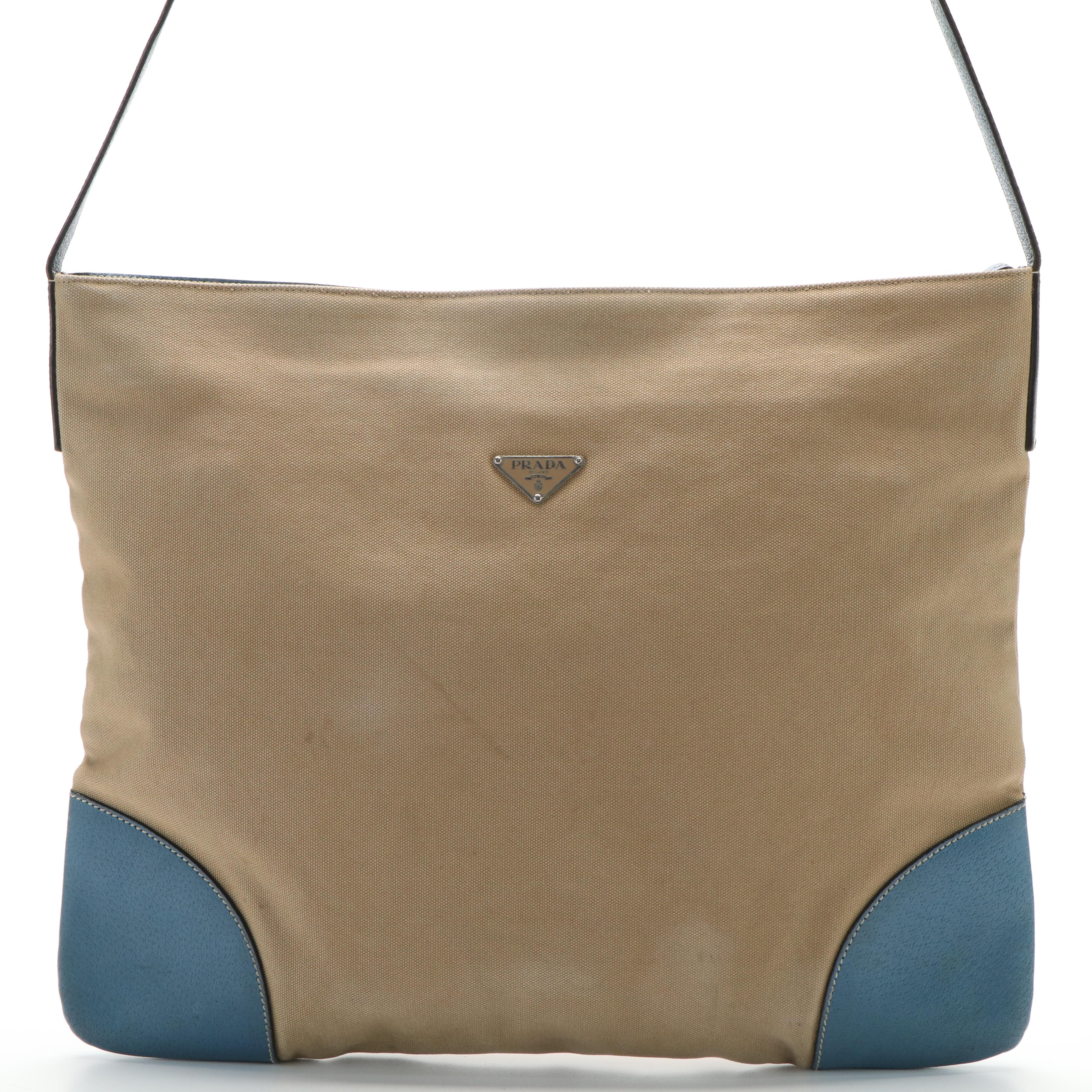 Prada Triangle Logo Shoulder Bag in Beige Canvas and Blue Leather