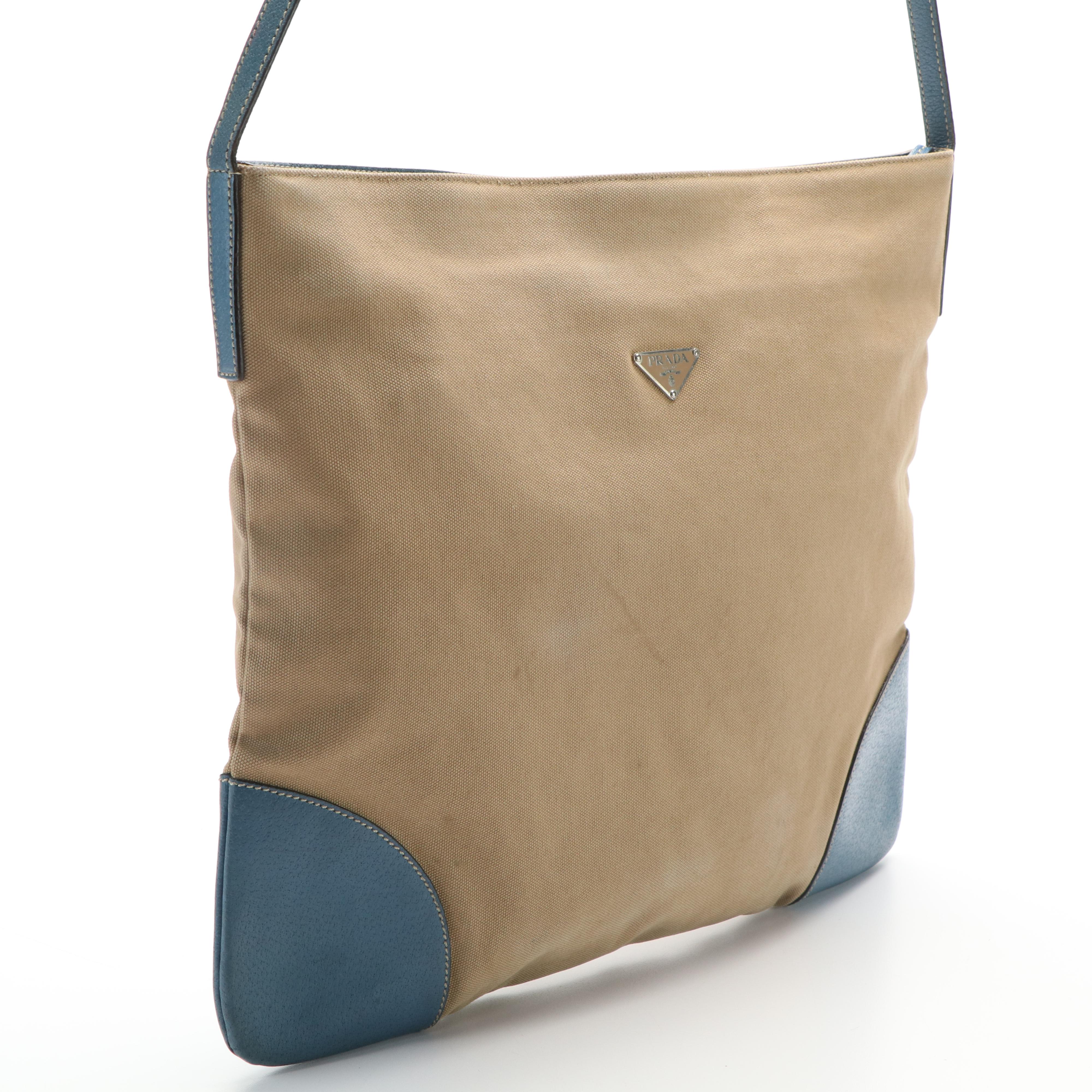 Prada Triangle Logo Shoulder Bag in Beige Canvas and Blue Leather