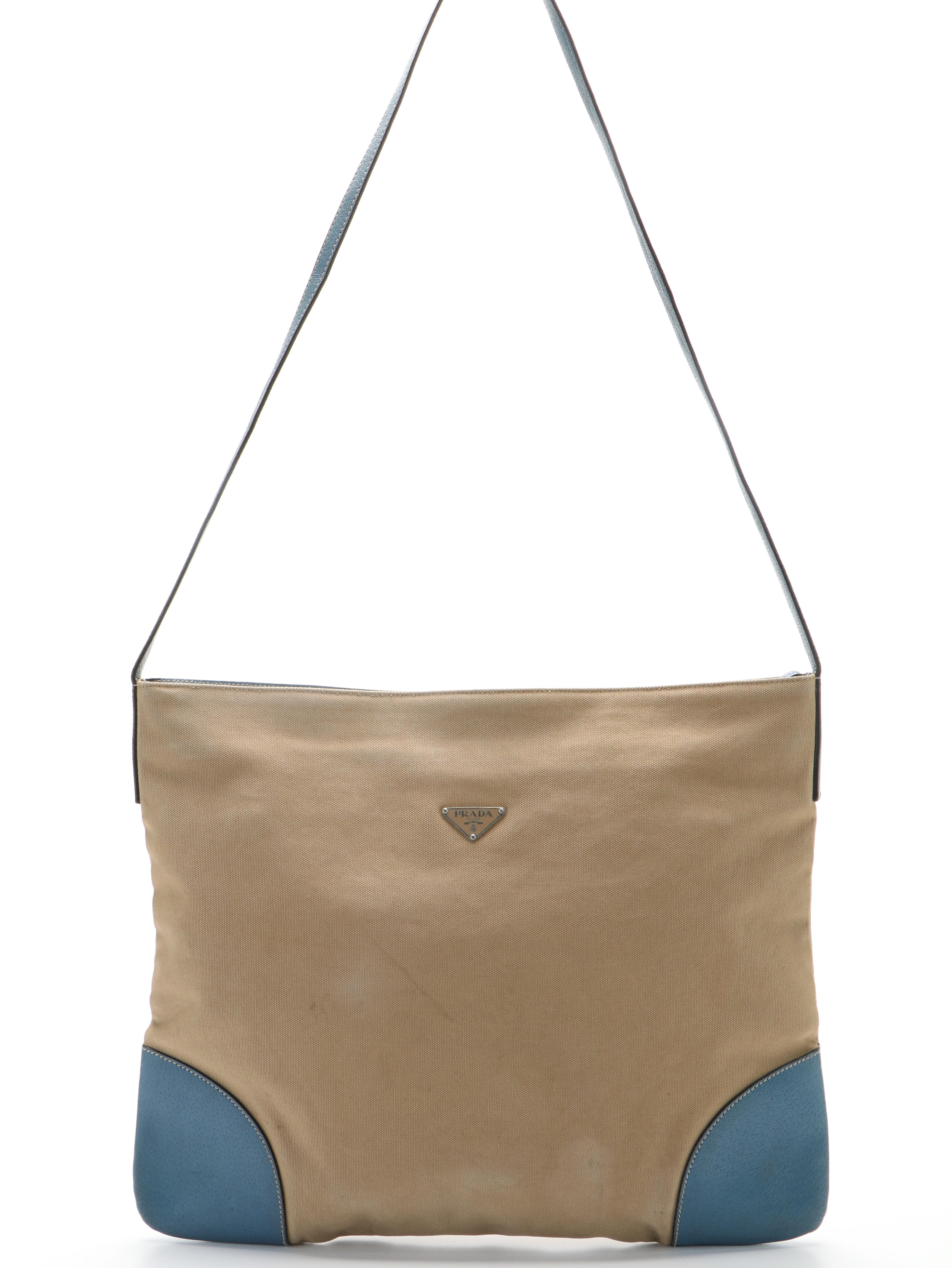 Prada Triangle Logo Shoulder Bag in Beige Canvas and Blue Leather