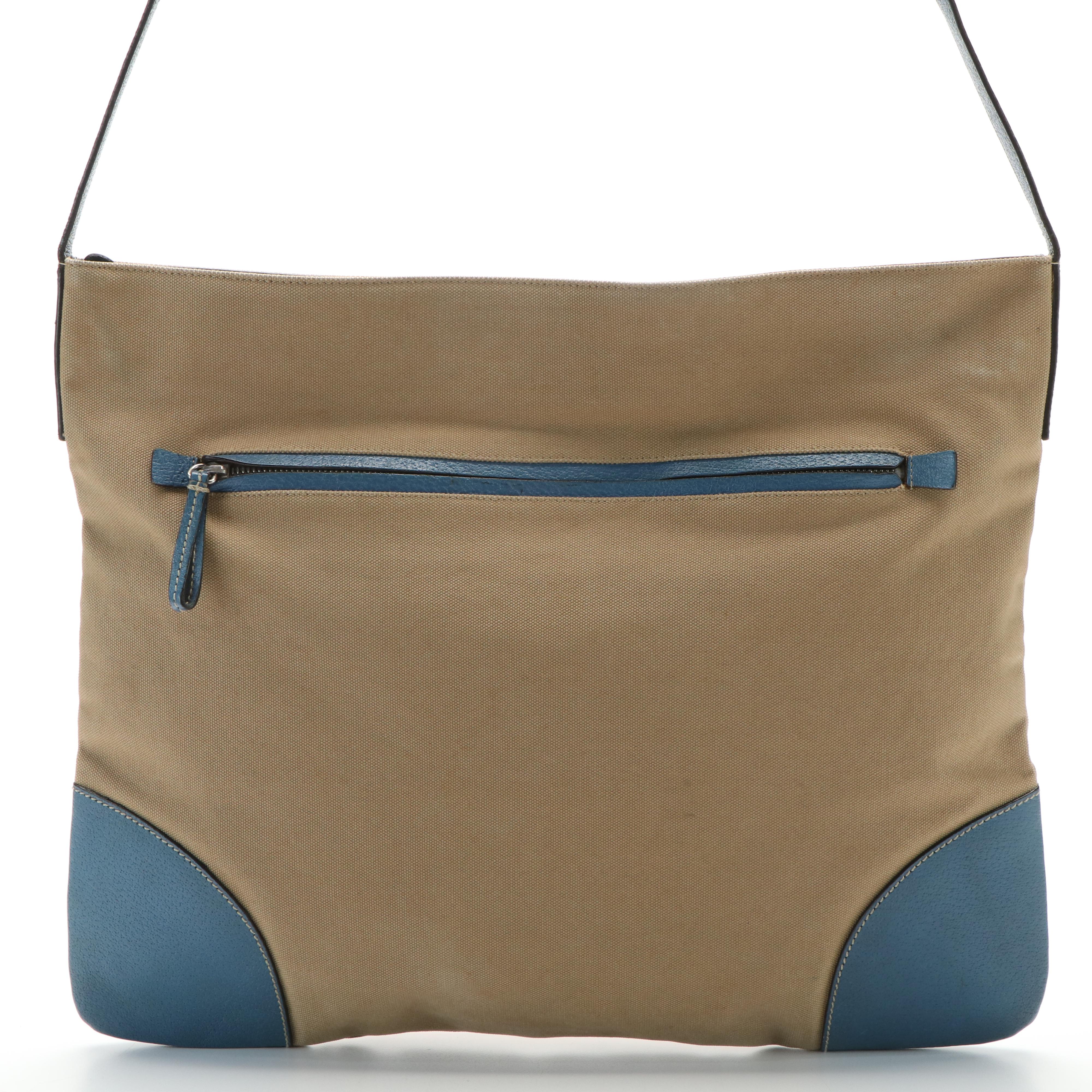 Prada Triangle Logo Shoulder Bag in Beige Canvas and Blue Leather