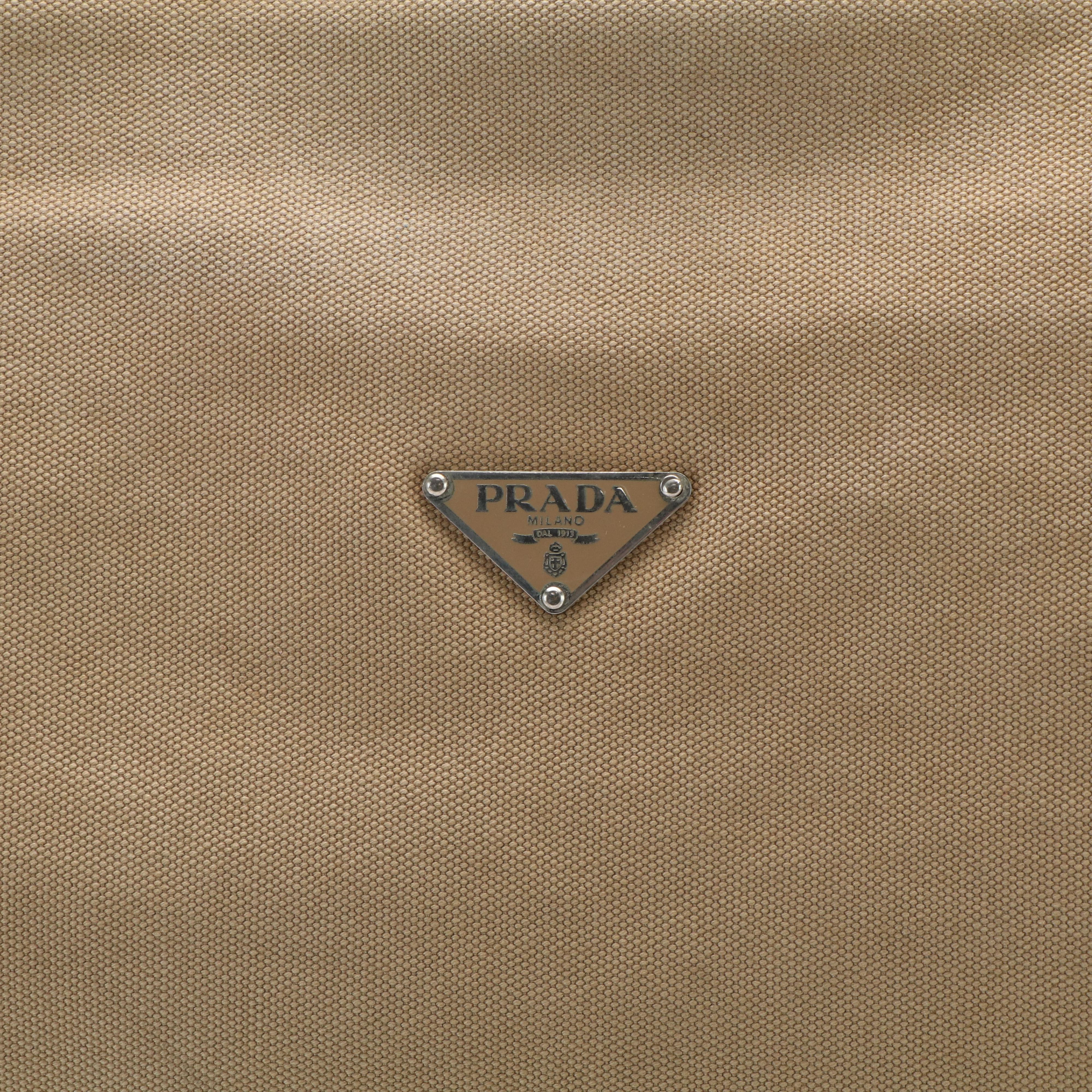 Prada Triangle Logo Shoulder Bag in Beige Canvas and Blue Leather
